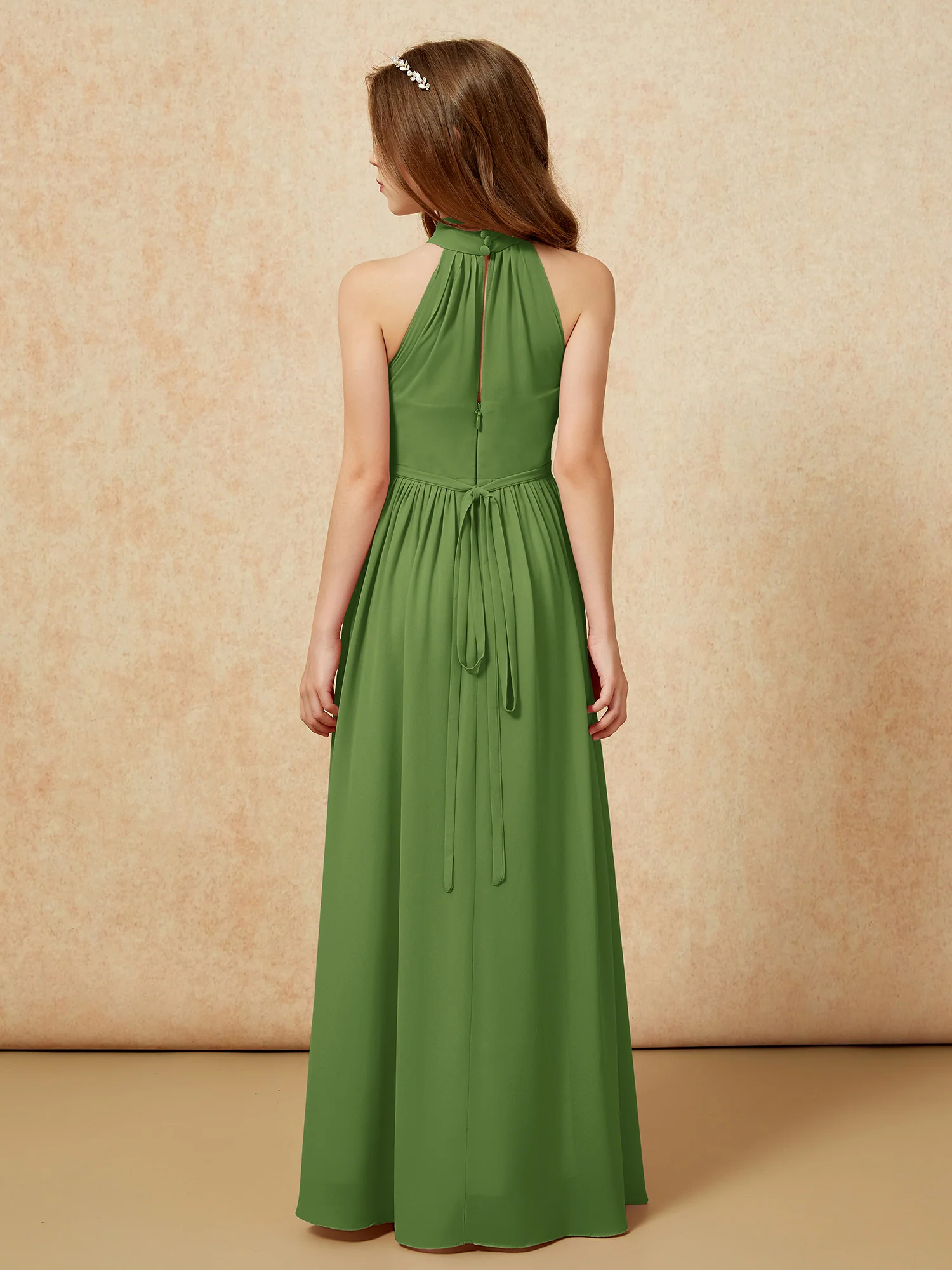 High Neck Long Junior Bridesmaid Dress With Slit Moss - Image 2