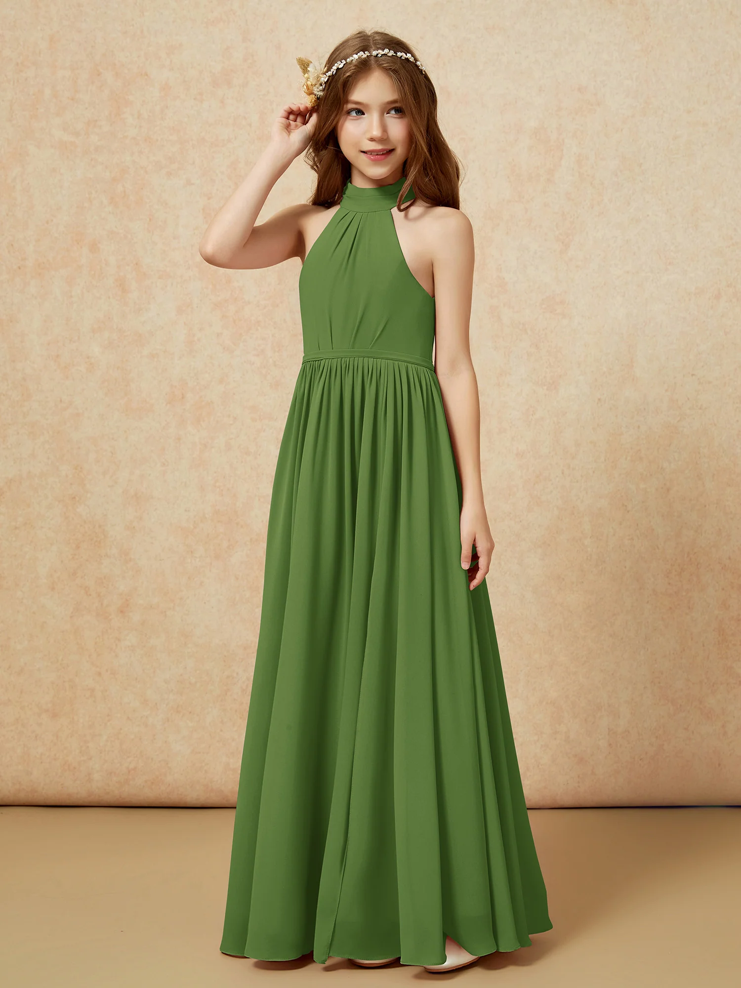High Neck Long Junior Bridesmaid Dress With Slit Moss - Image 6