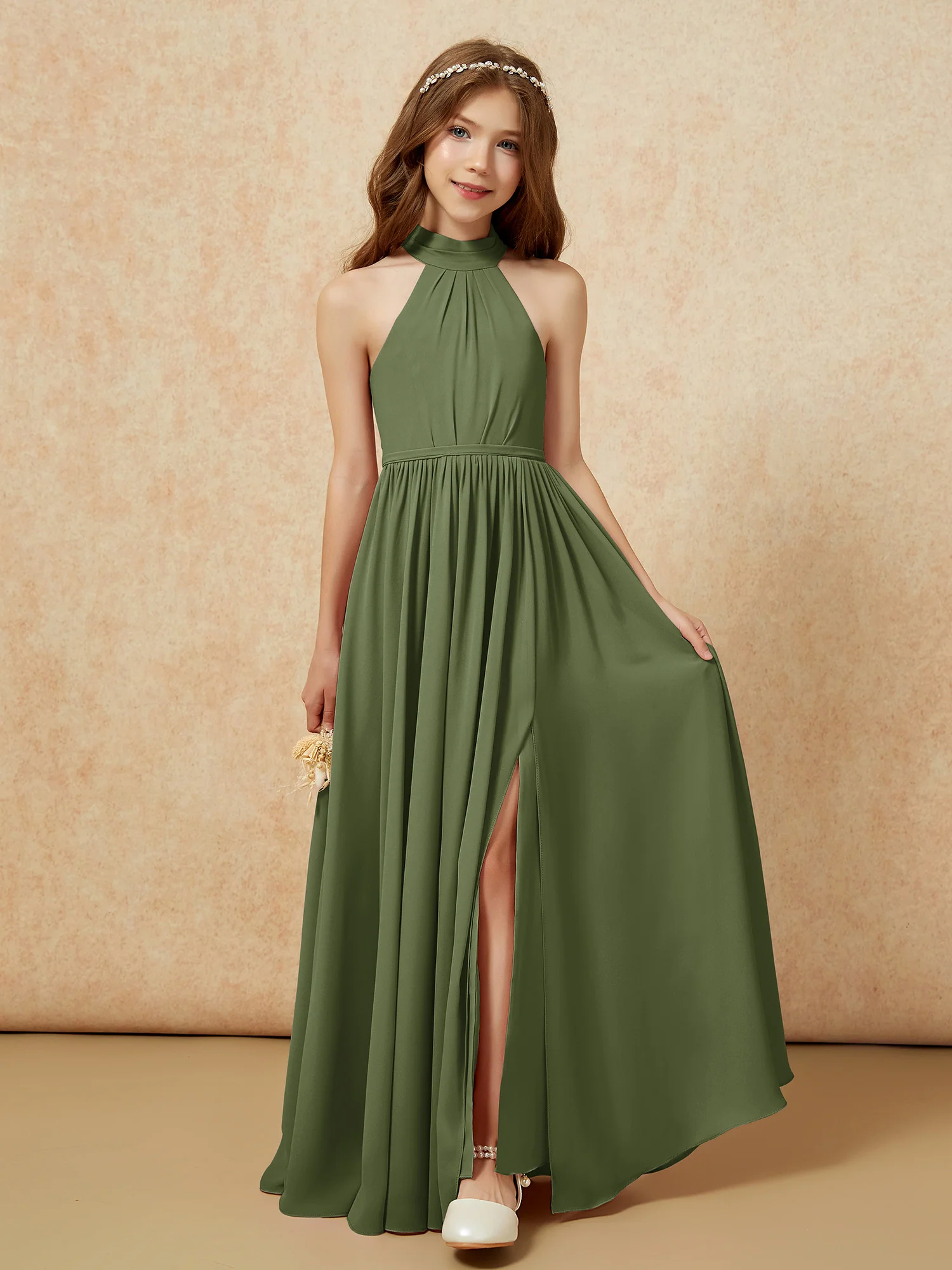 High Neck Long Junior Bridesmaid Dress With Slit Olive Green