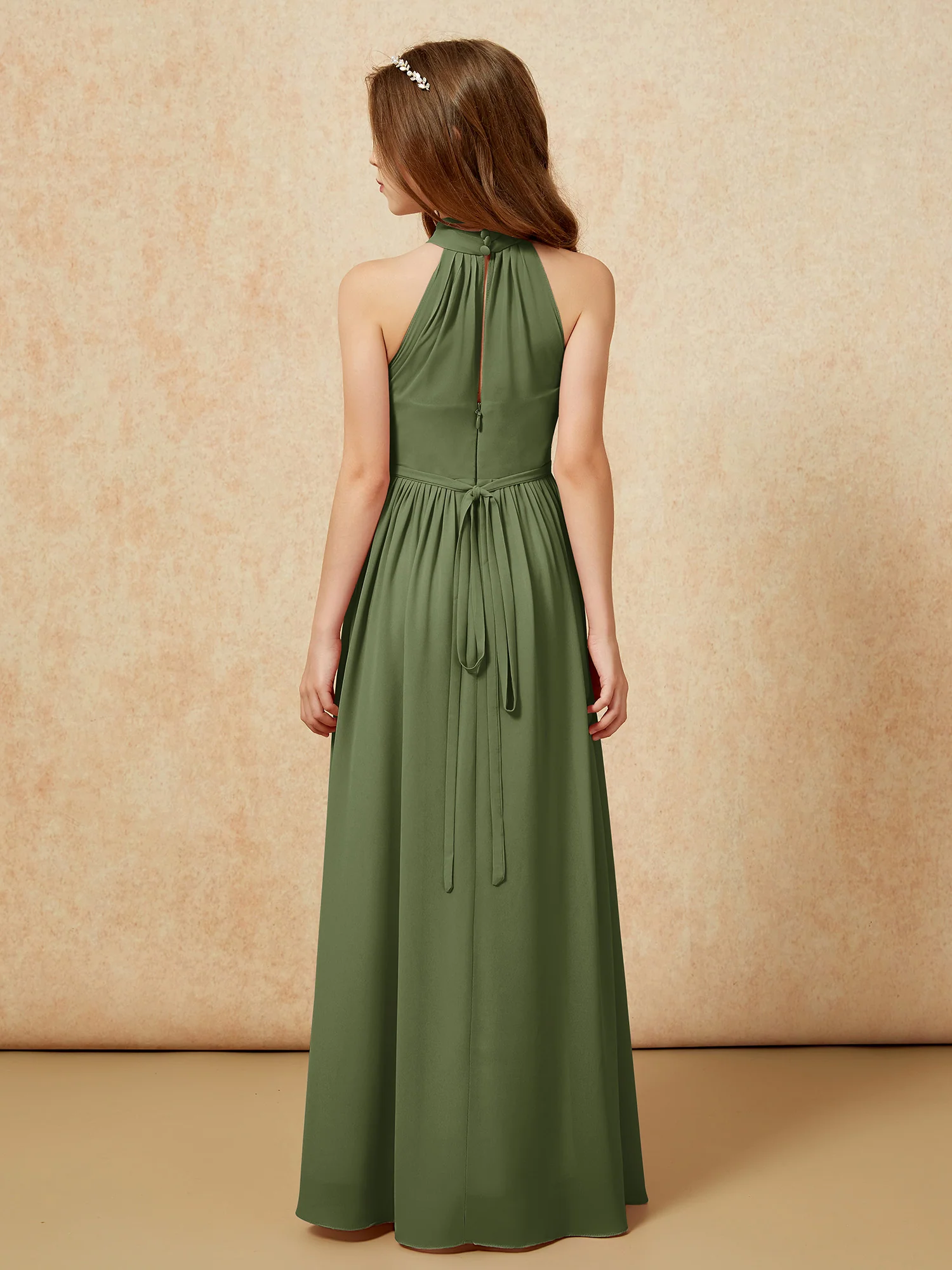 High Neck Long Junior Bridesmaid Dress With Slit Olive Green - Image 2