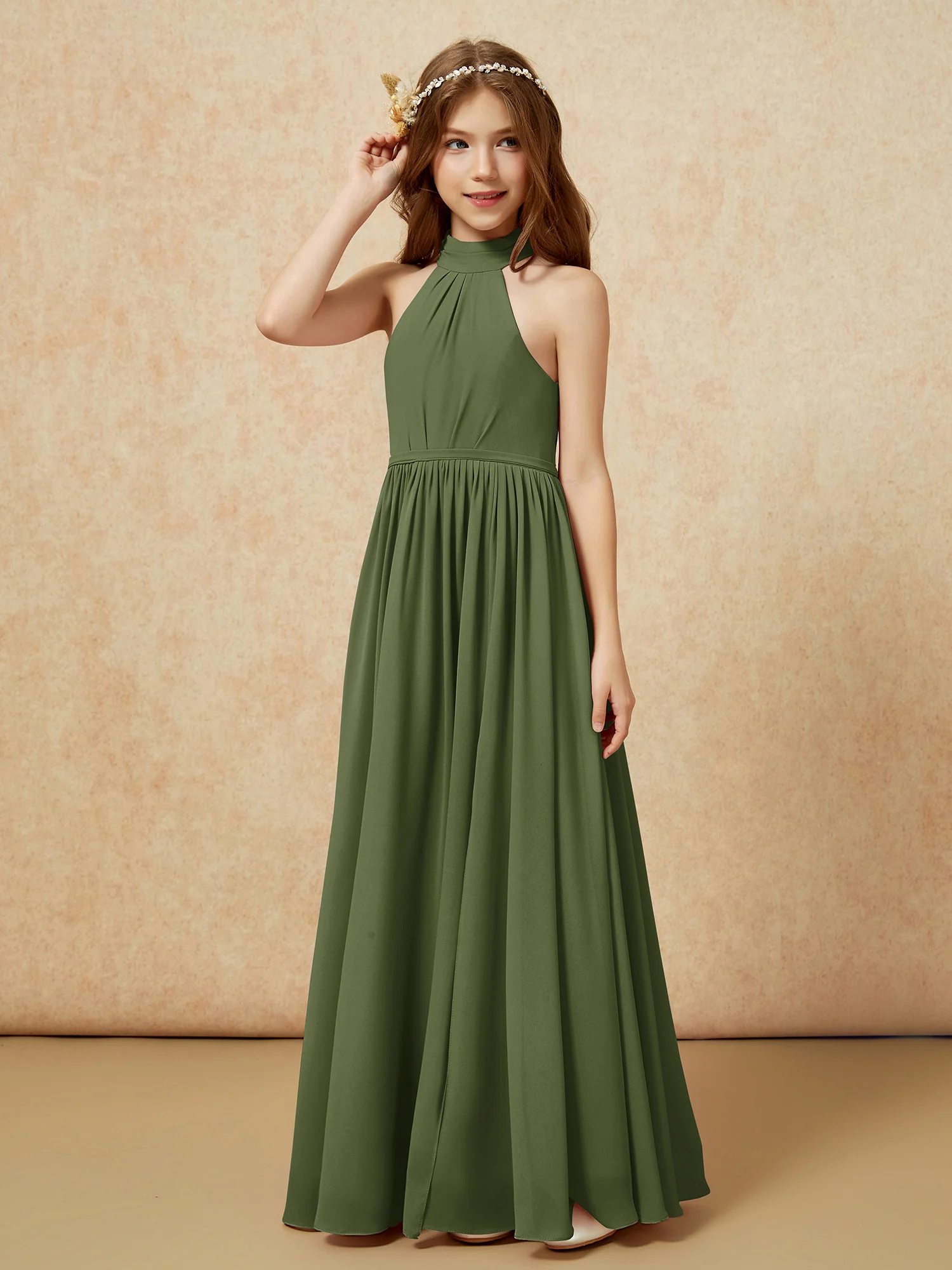 High Neck Long Junior Bridesmaid Dress With Slit Olive Green - Image 6