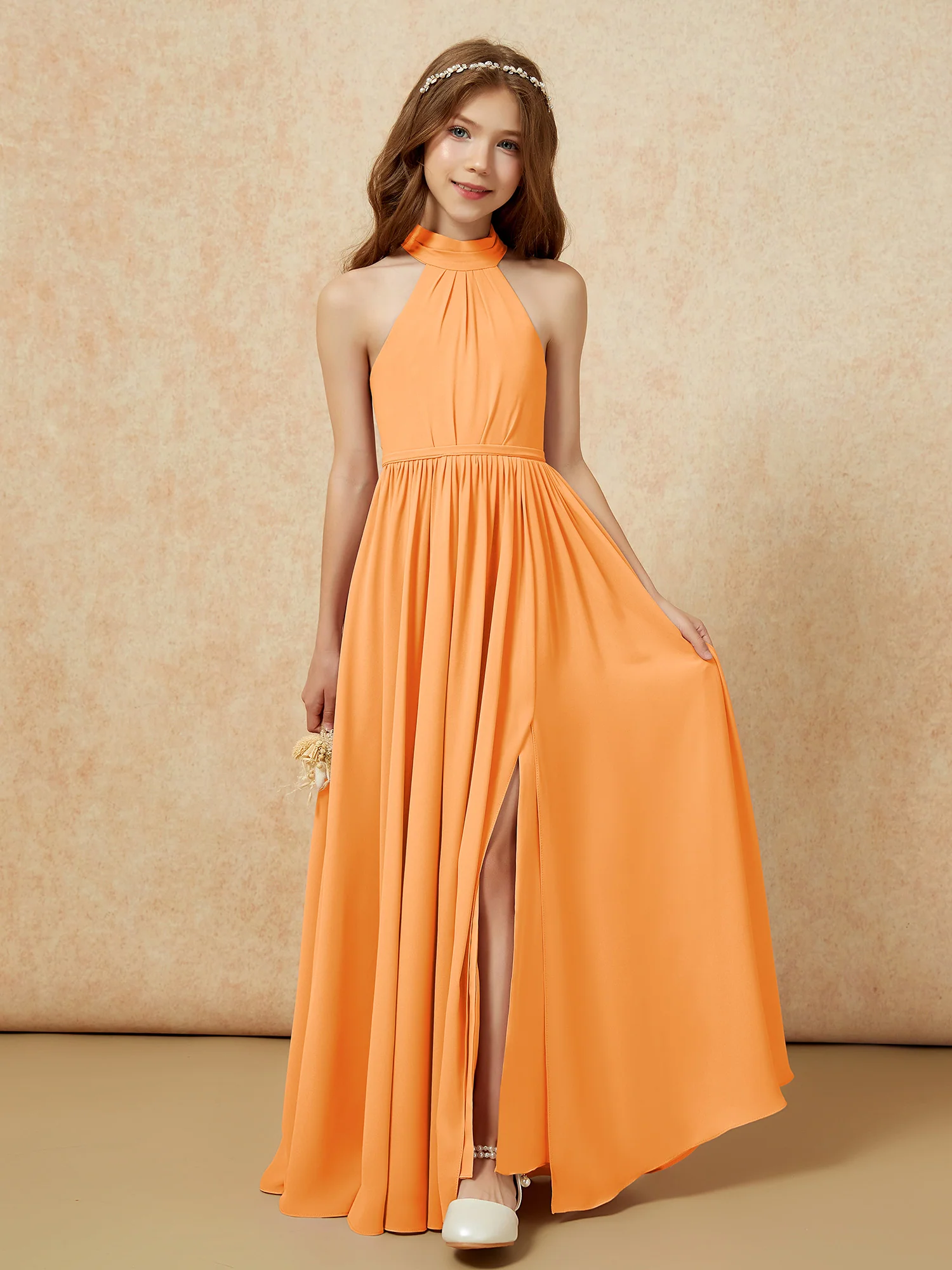 High Neck Long Junior Bridesmaid Dress With Slit Orange