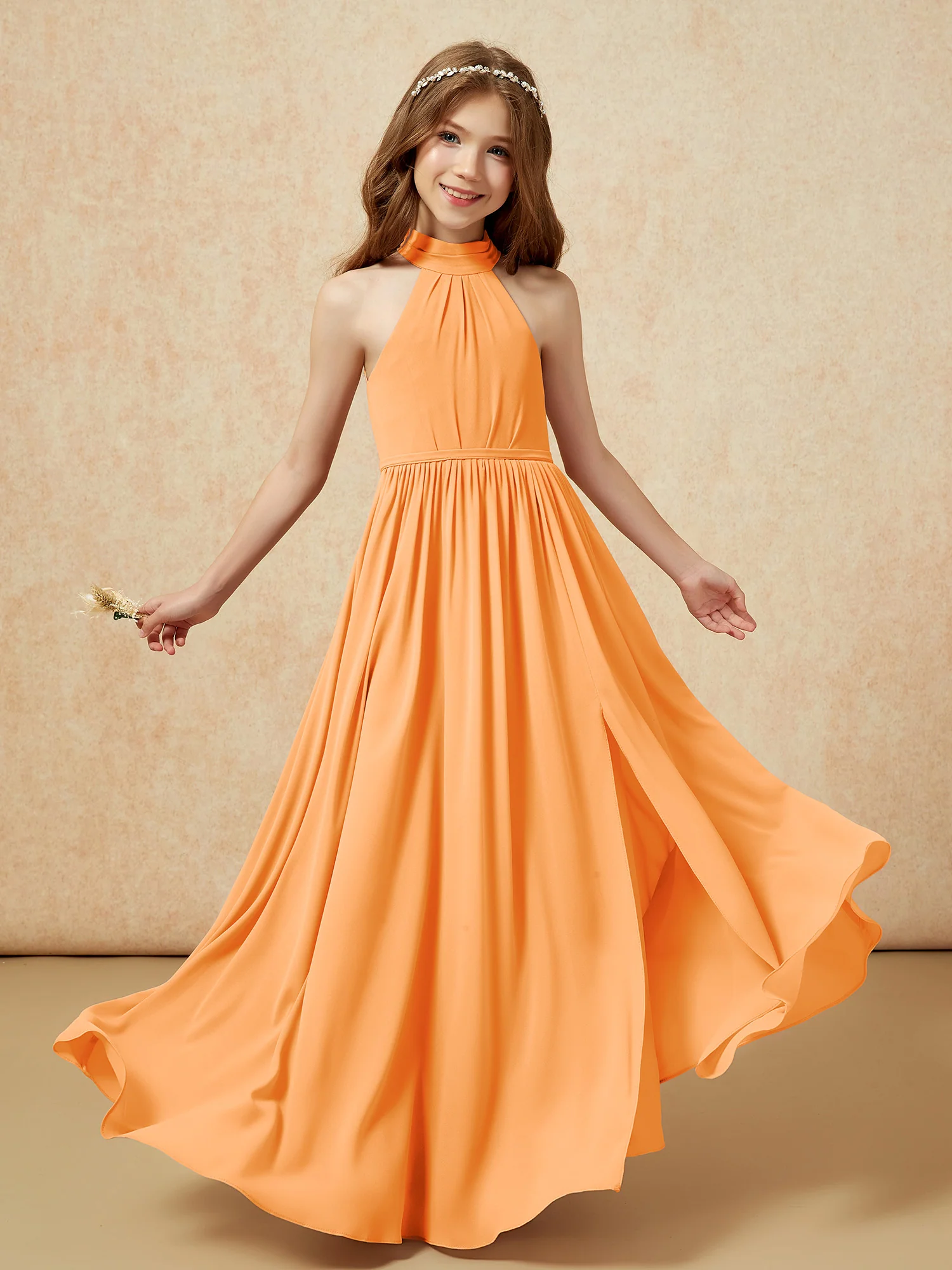 High Neck Long Junior Bridesmaid Dress With Slit Orange - Image 4