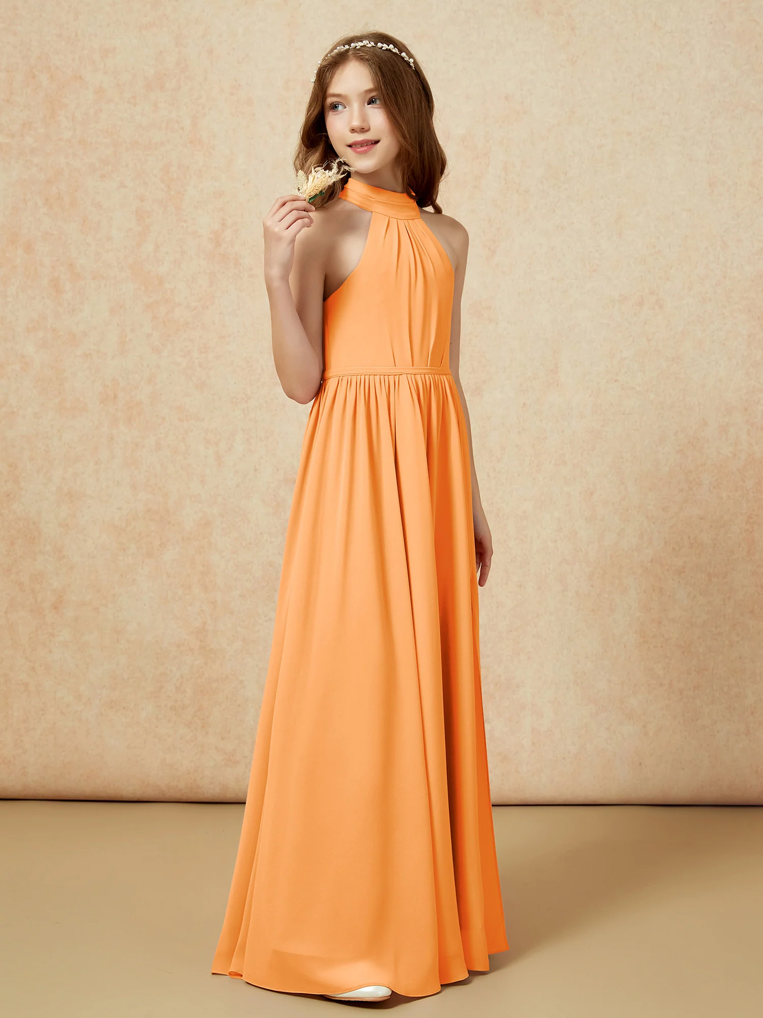 High Neck Long Junior Bridesmaid Dress With Slit Orange - Image 5