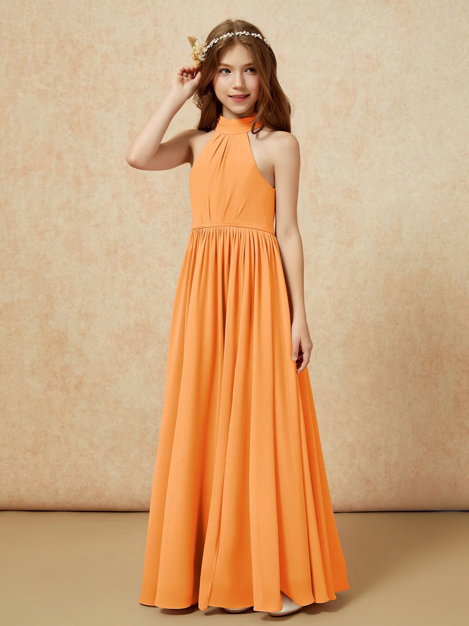 High Neck Long Junior Bridesmaid Dress With Slit Orange - Image 6