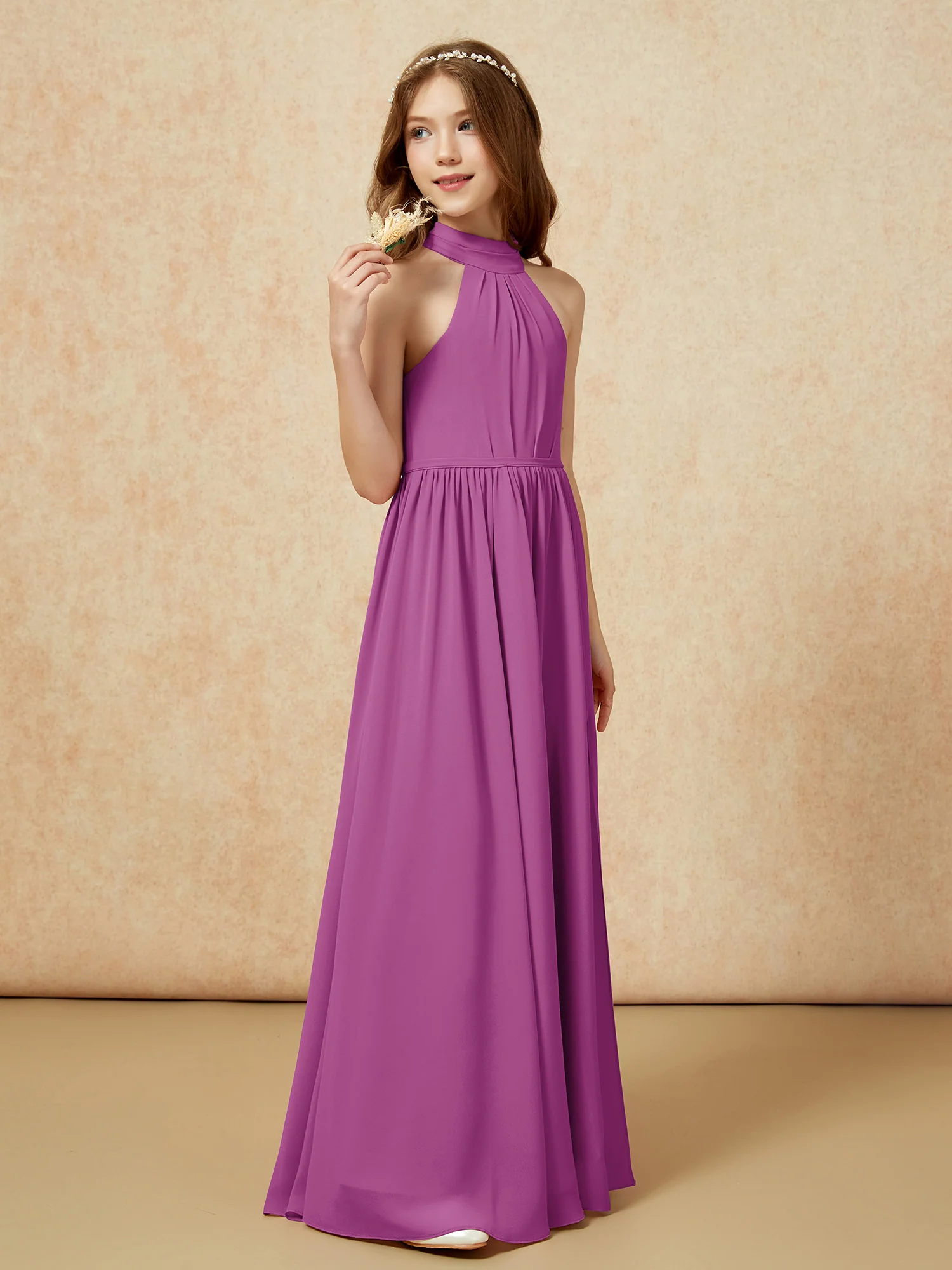 High Neck Long Junior Bridesmaid Dress With Slit Orchid - Image 5