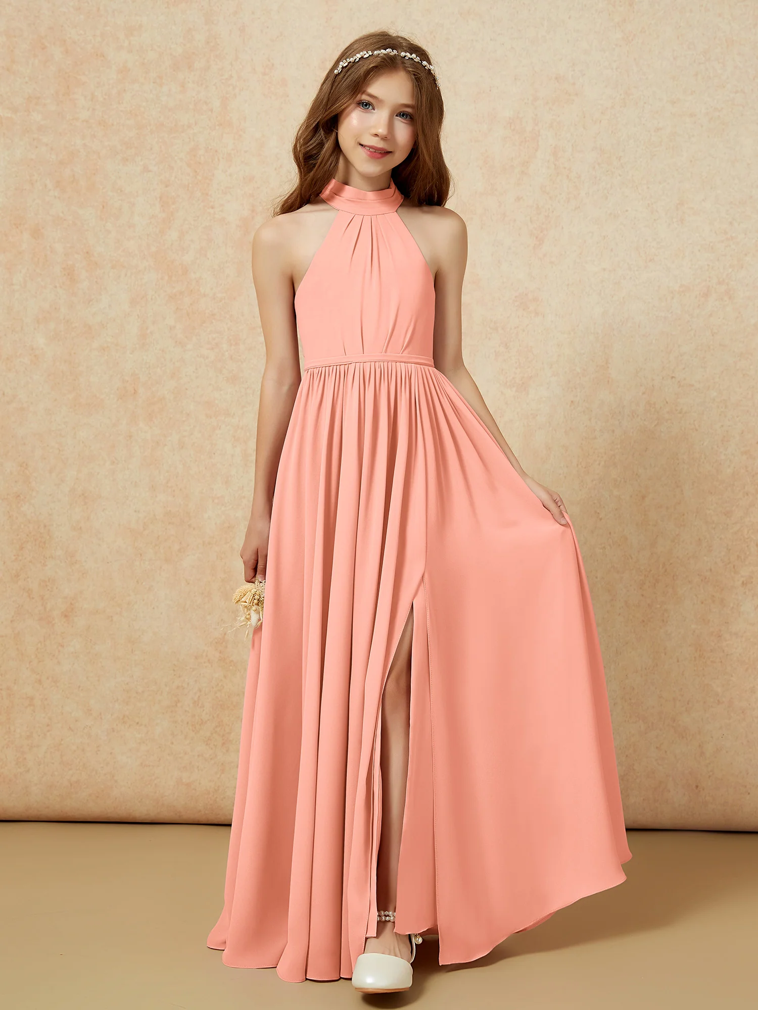 High Neck Long Junior Bridesmaid Dress With Slit Papaya