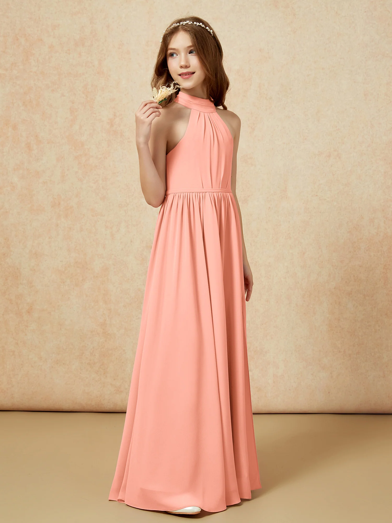 High Neck Long Junior Bridesmaid Dress With Slit Papaya - Image 5