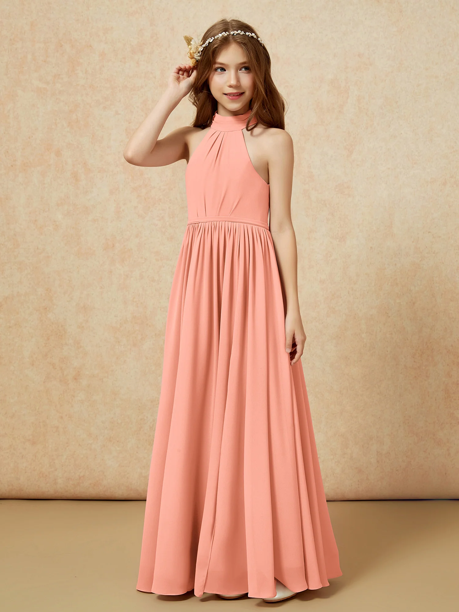 High Neck Long Junior Bridesmaid Dress With Slit Papaya - Image 6