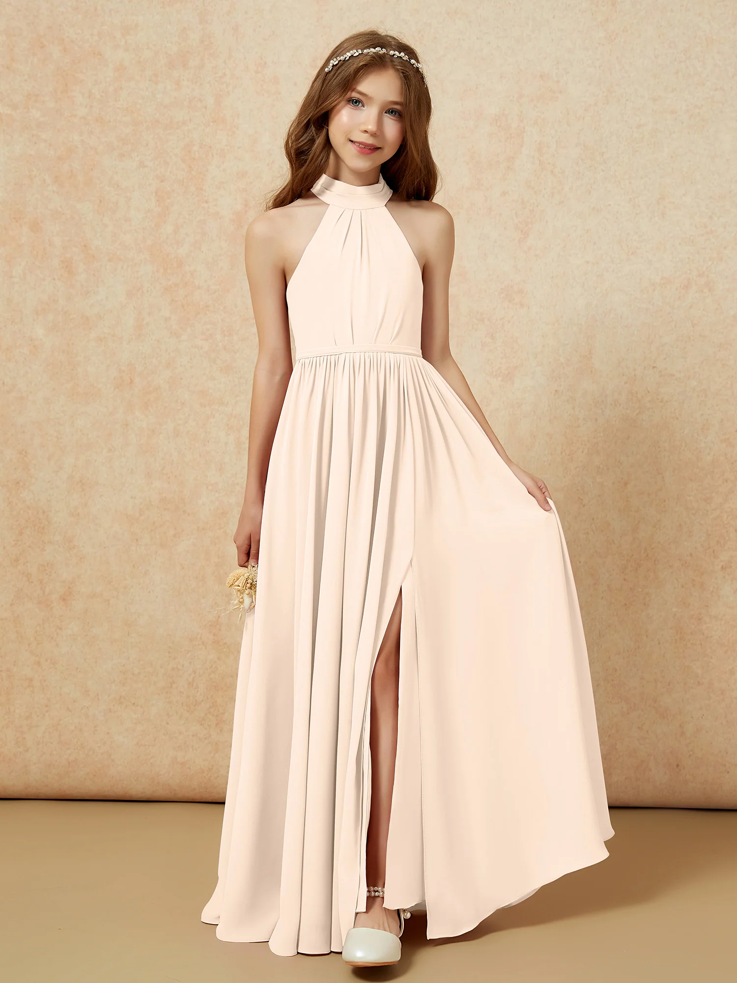 High Neck Long Junior Bridesmaid Dress With Slit Peach