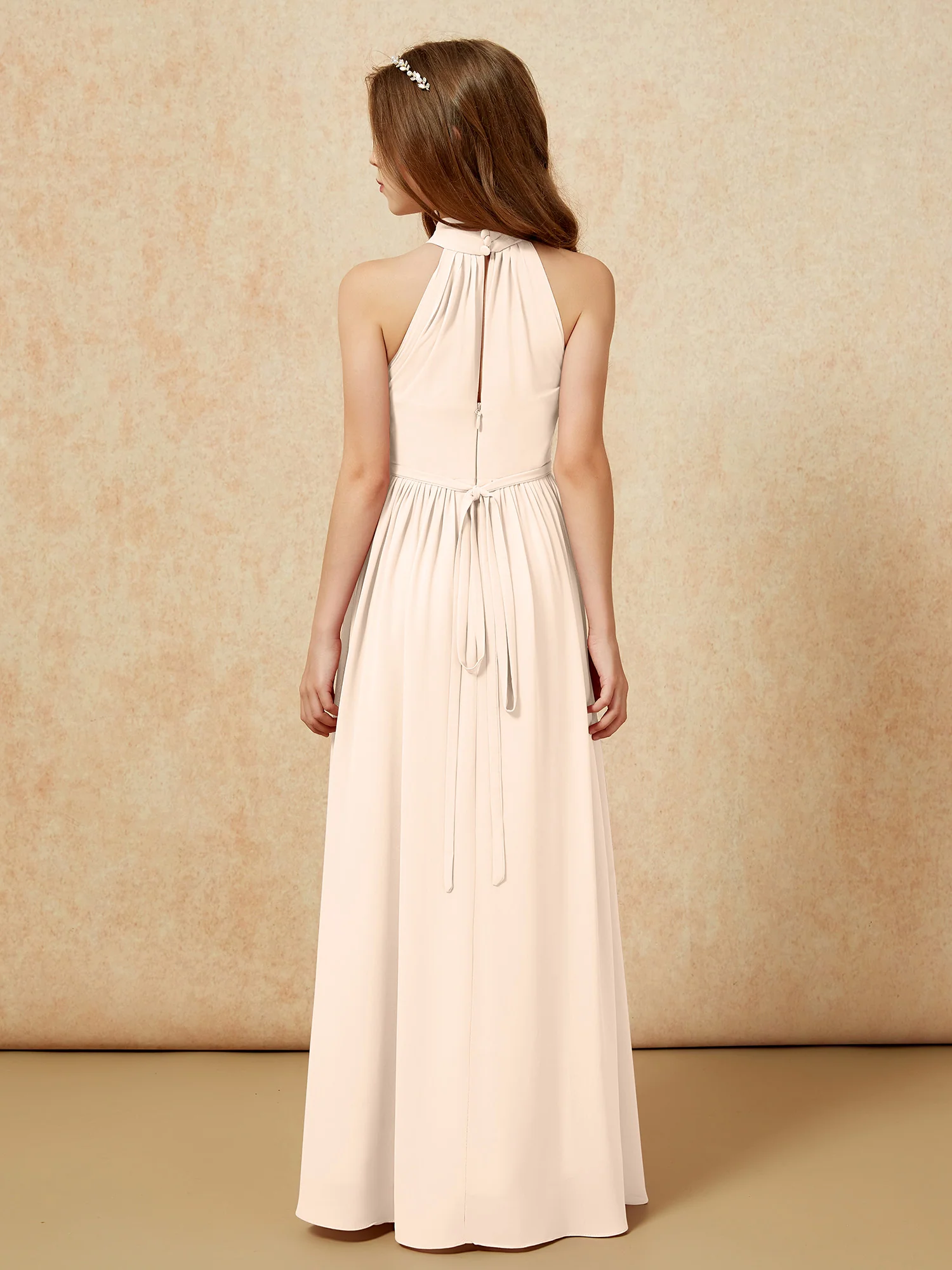 High Neck Long Junior Bridesmaid Dress With Slit Peach - Image 2