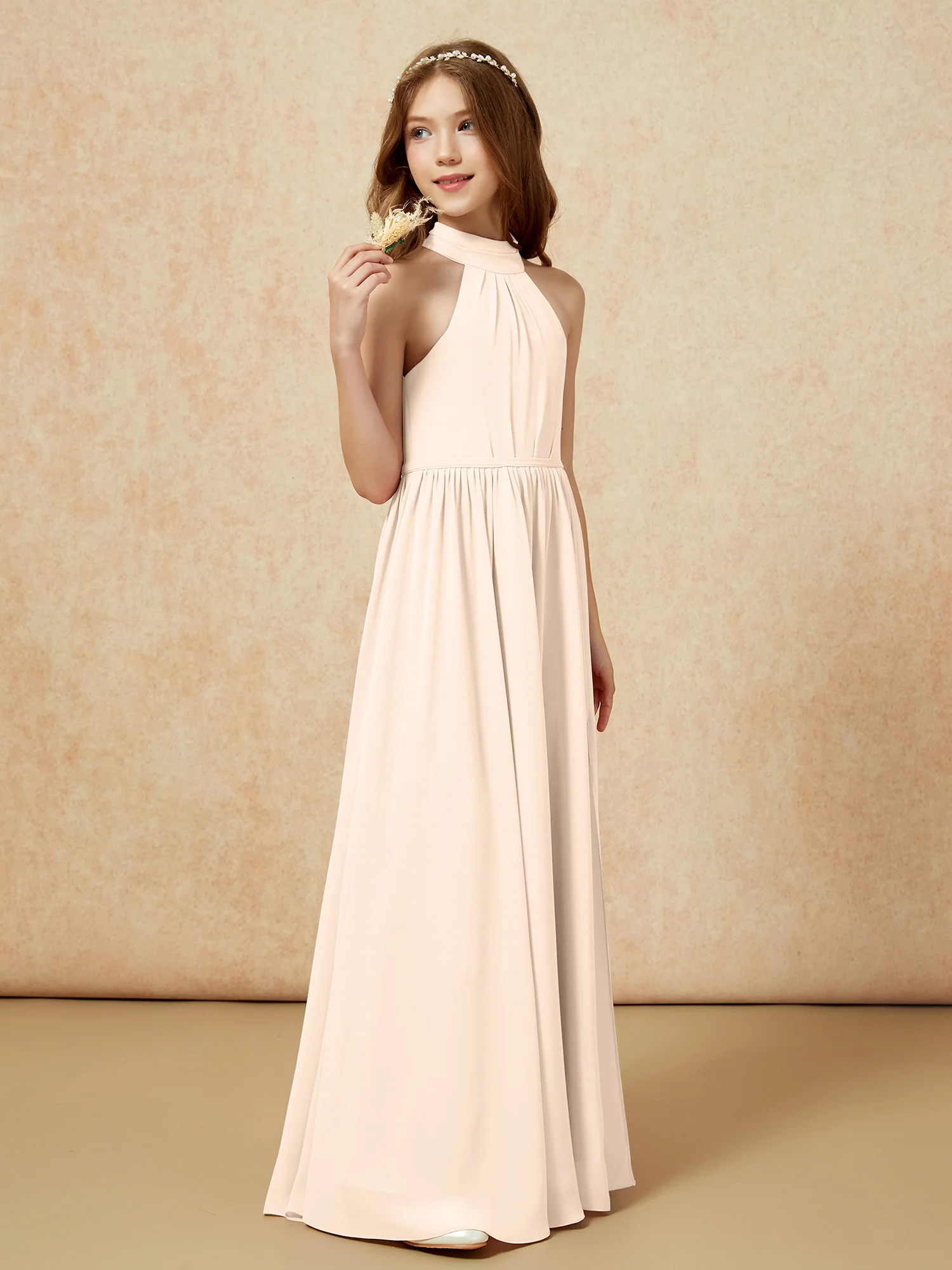 High Neck Long Junior Bridesmaid Dress With Slit Peach - Image 5