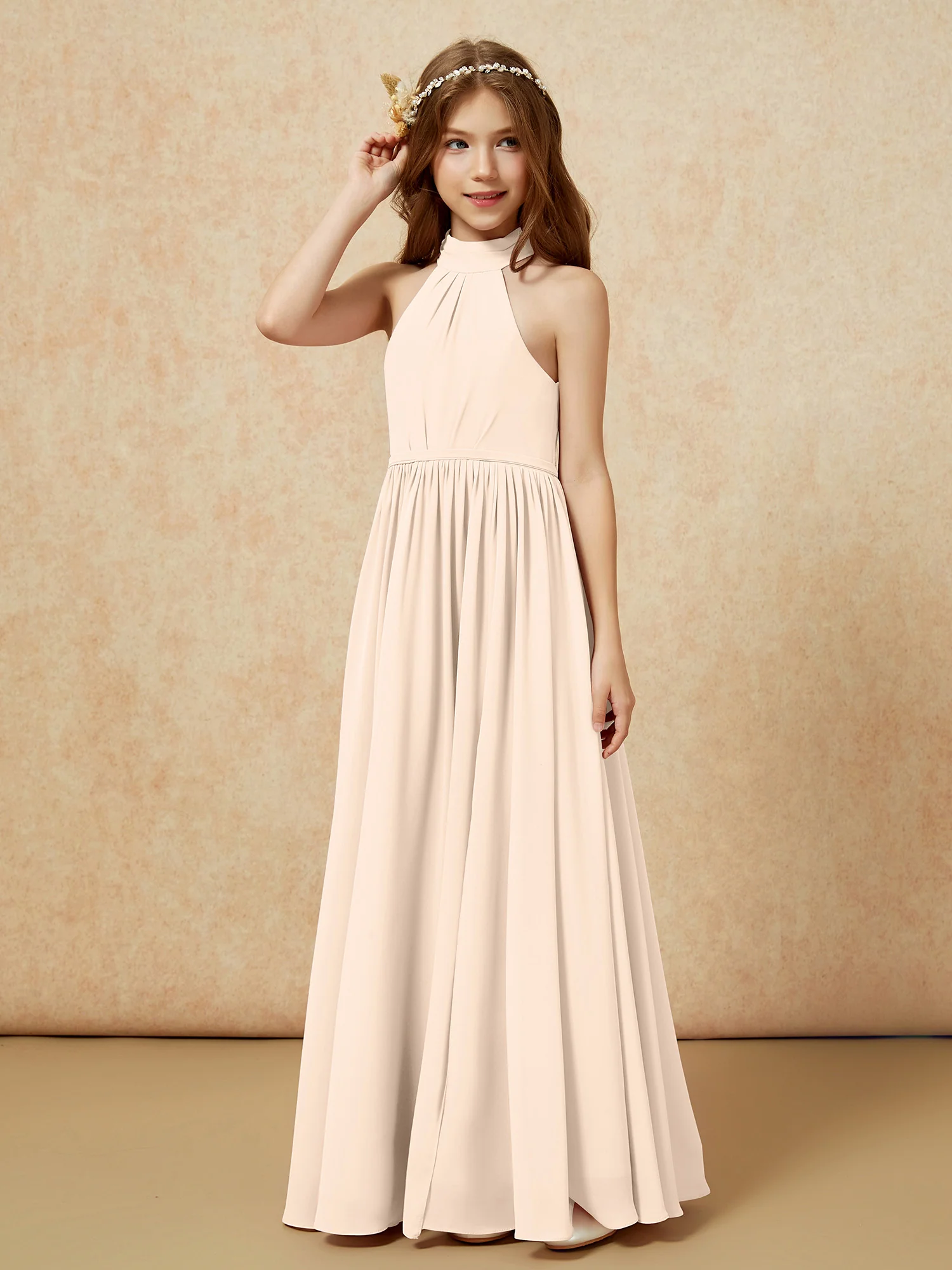 High Neck Long Junior Bridesmaid Dress With Slit Peach - Image 6