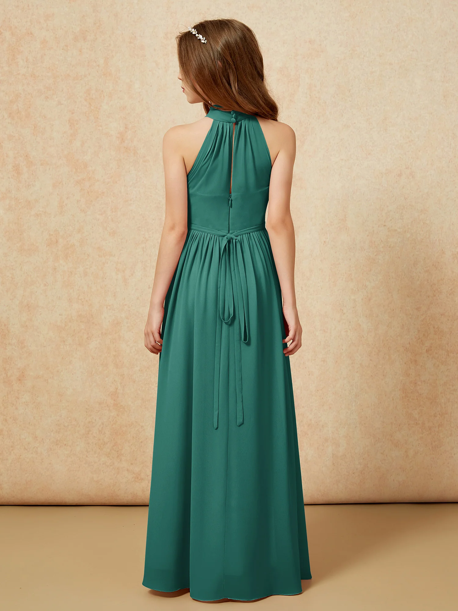 High Neck Long Junior Bridesmaid Dress With Slit Peacock - Image 2