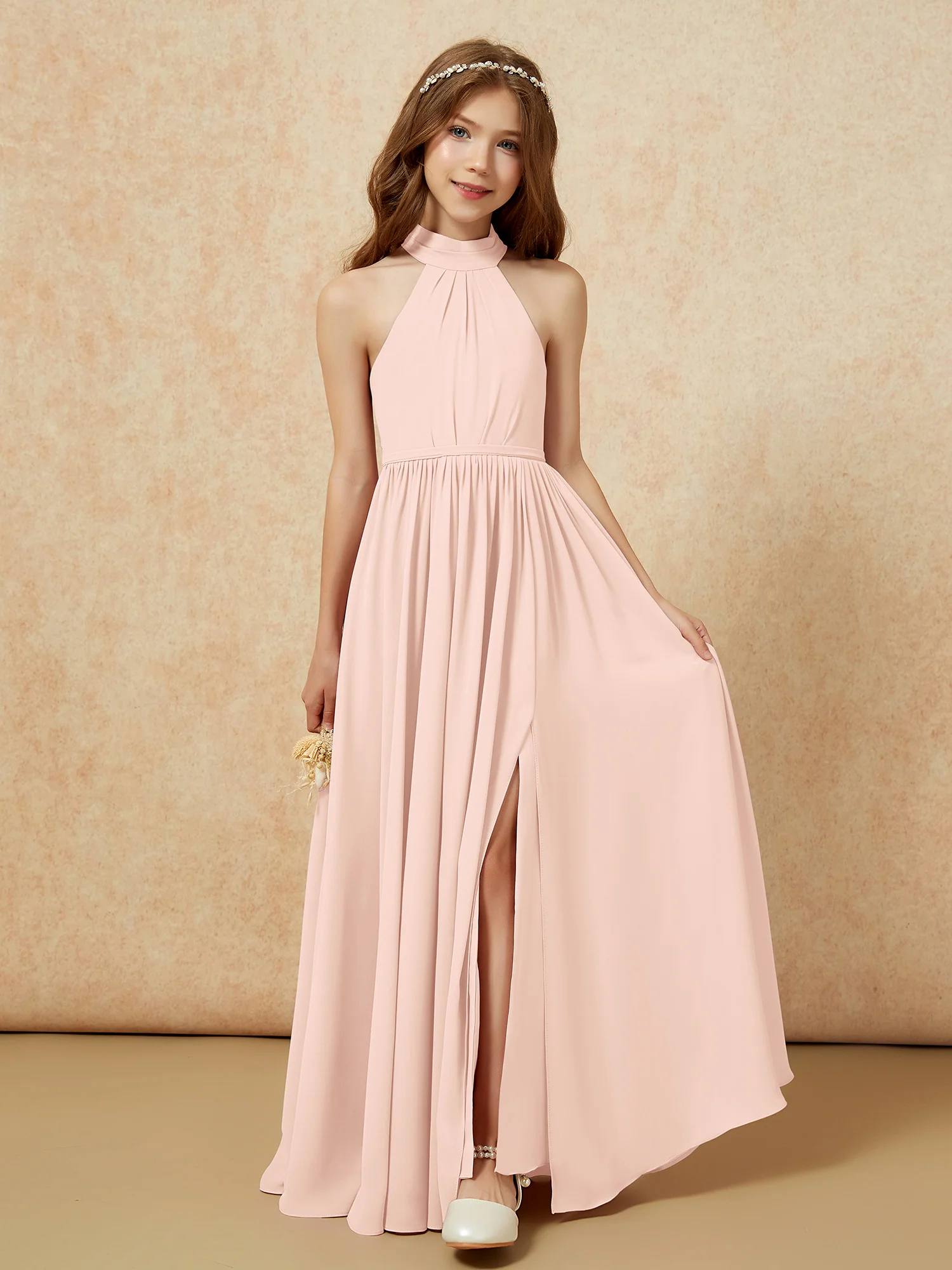 High Neck Long Junior Bridesmaid Dress With Slit Pearl Pink