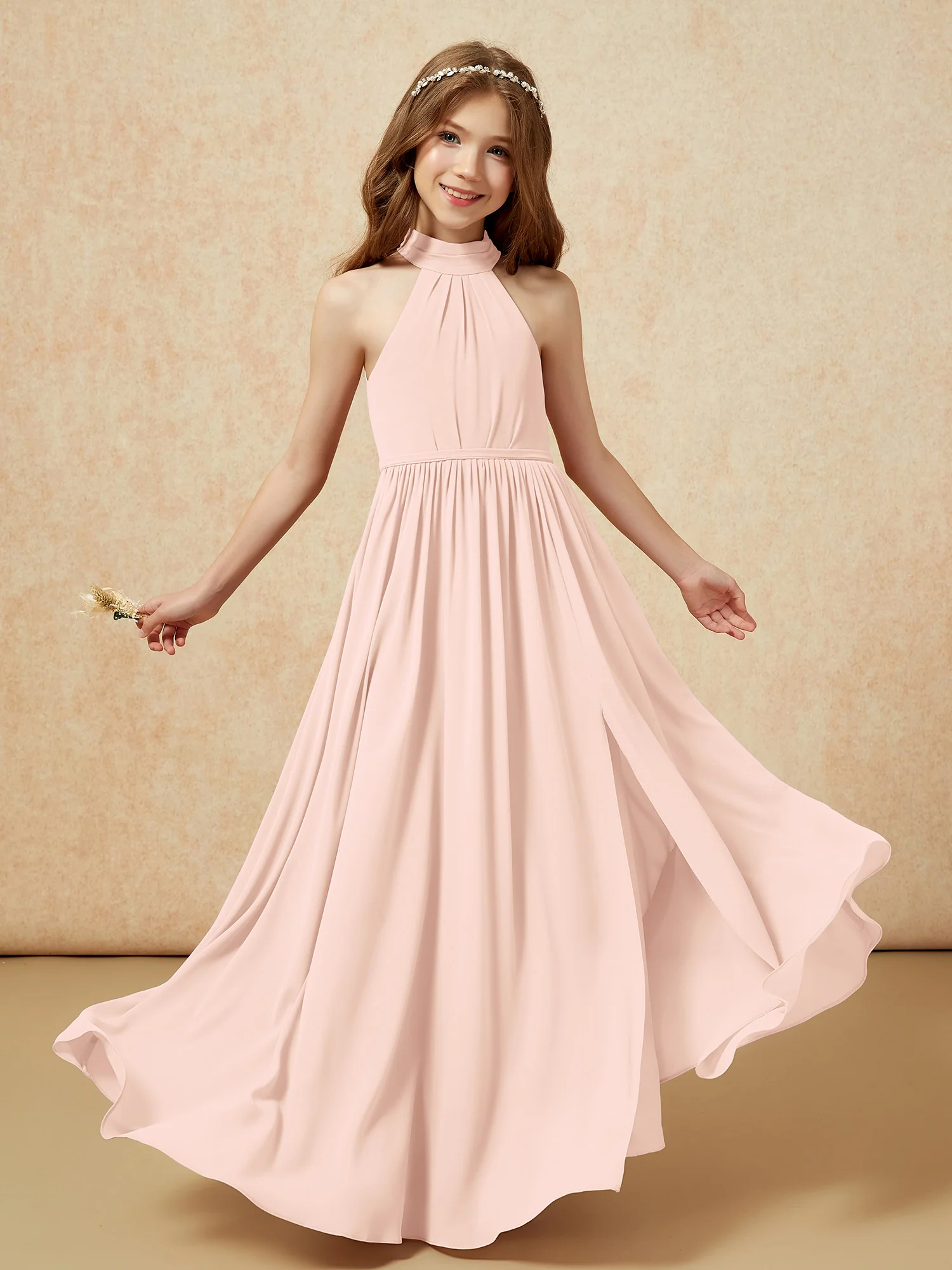 High Neck Long Junior Bridesmaid Dress With Slit Pearl Pink - Image 4