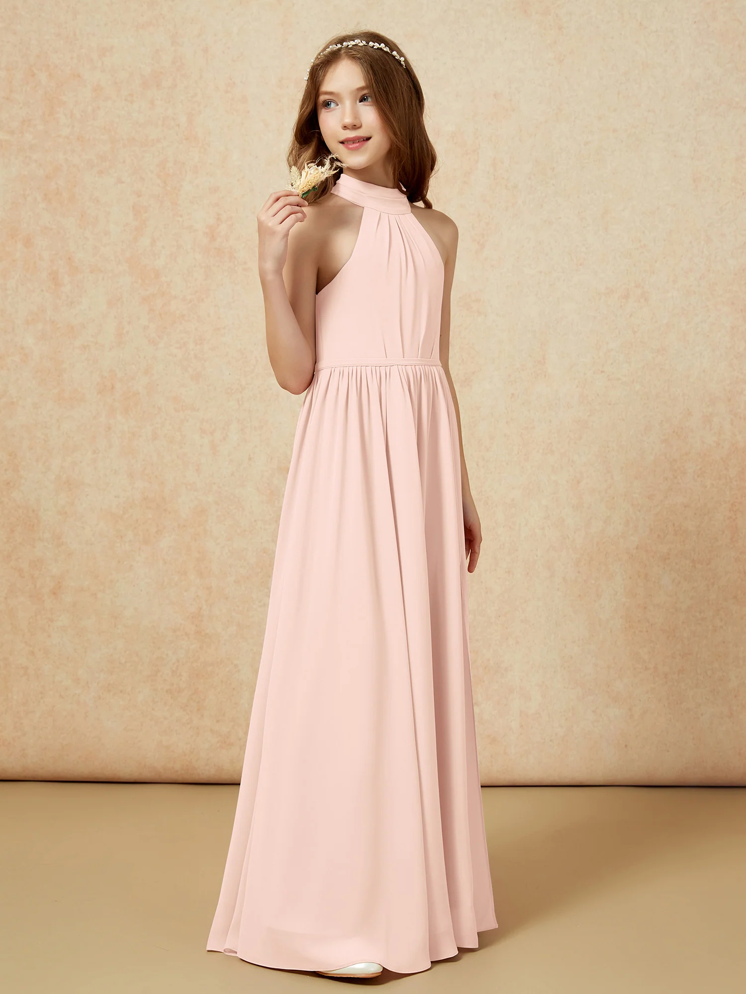 High Neck Long Junior Bridesmaid Dress With Slit Pearl Pink - Image 5