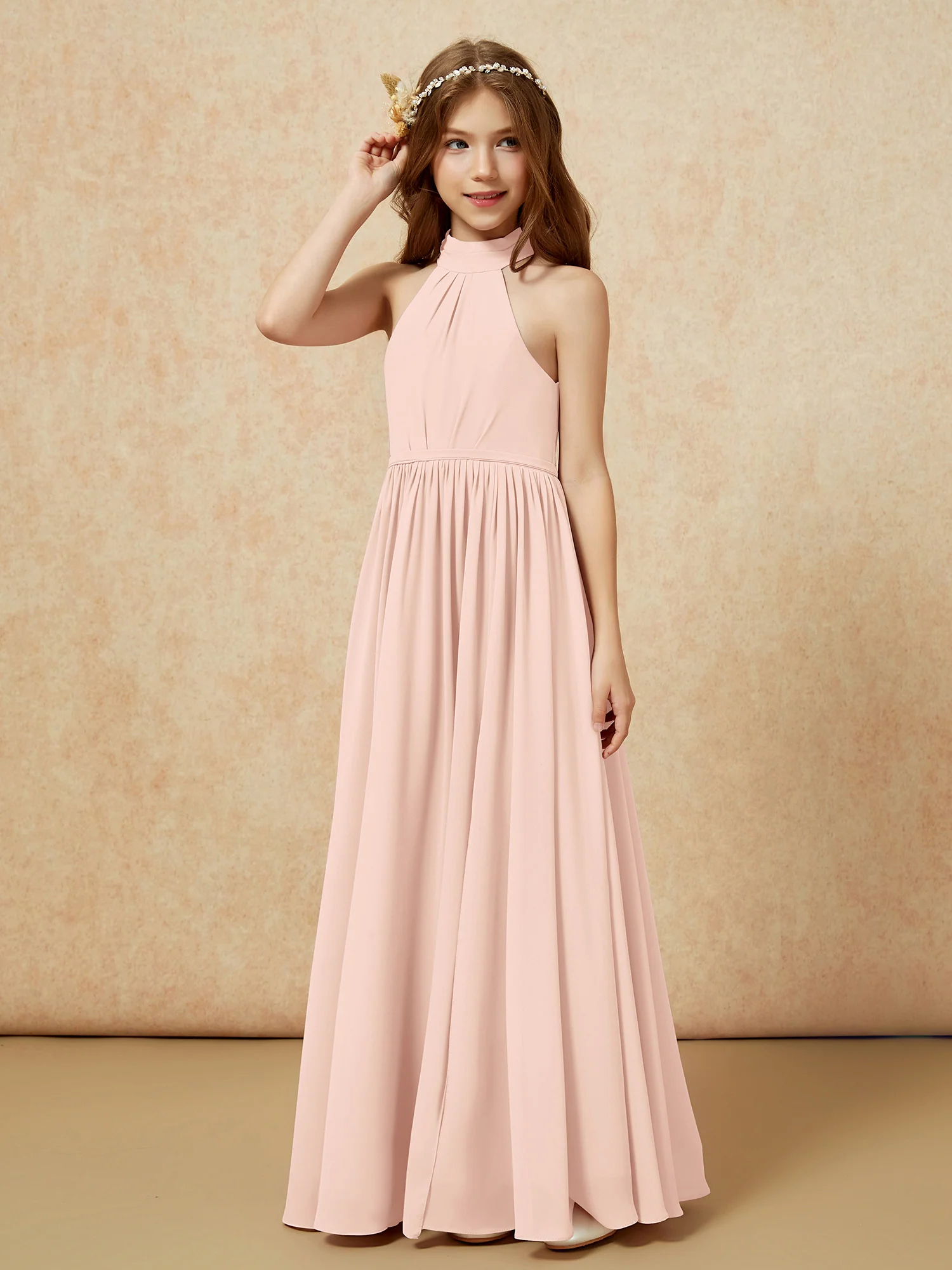 High Neck Long Junior Bridesmaid Dress With Slit Pearl Pink - Image 6