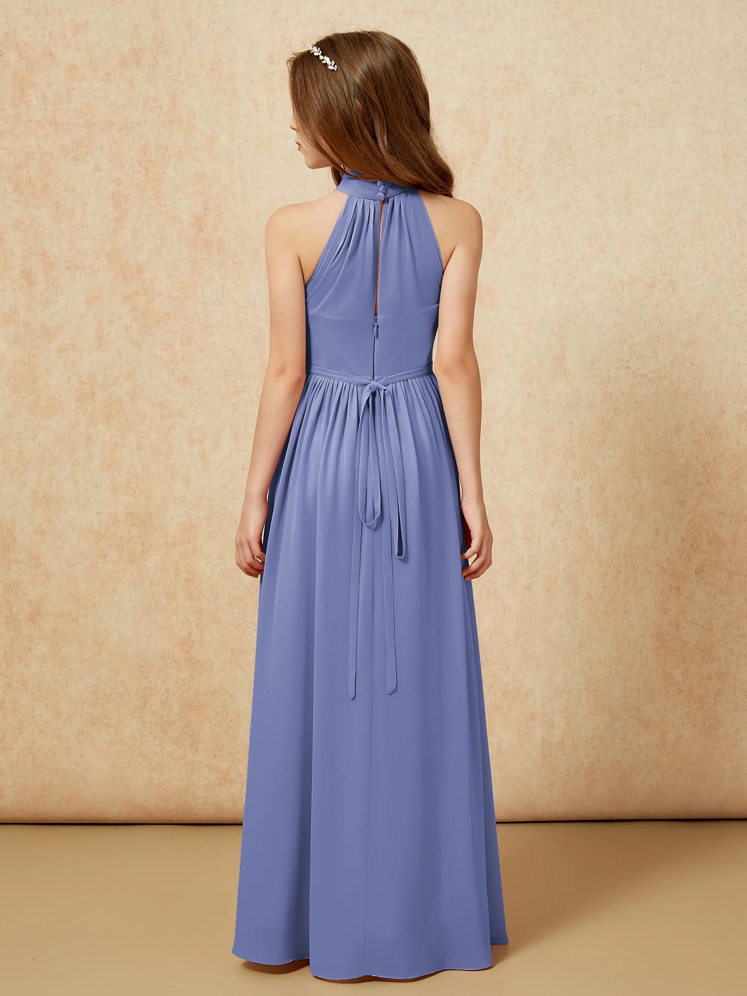High Neck Long Junior Bridesmaid Dress With Slit Periwinkle - Image 2