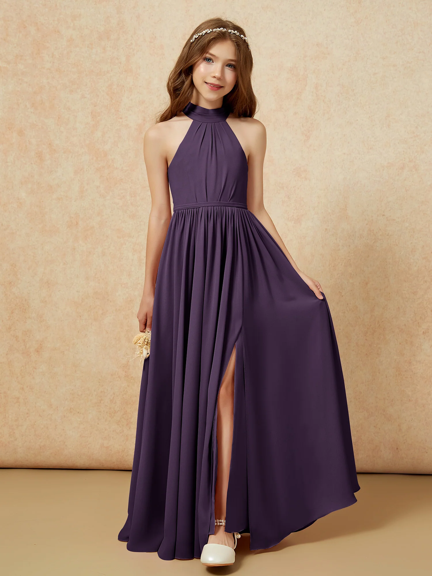 High Neck Long Junior Bridesmaid Dress With Slit Plum