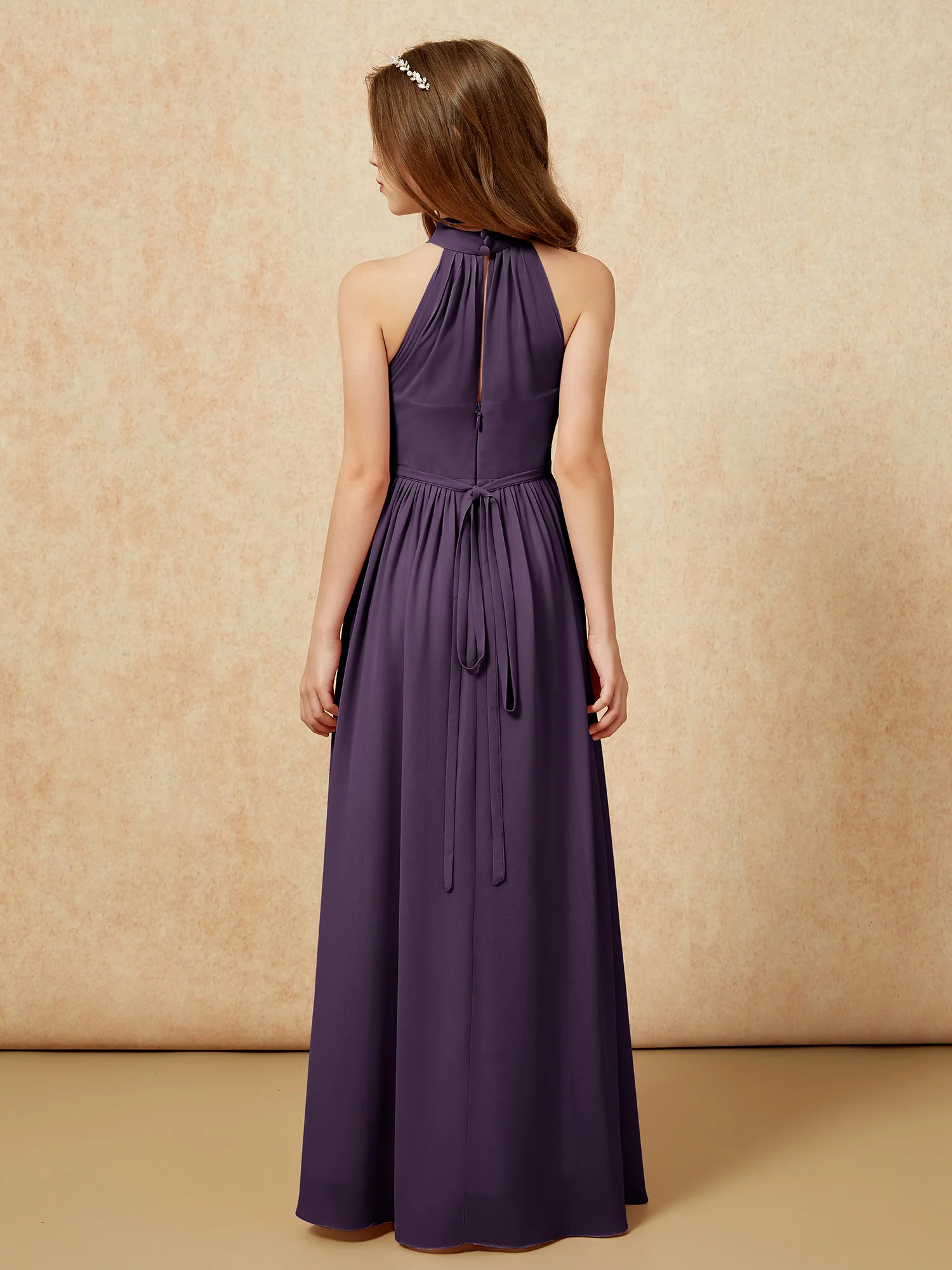 High Neck Long Junior Bridesmaid Dress With Slit Plum - Image 2