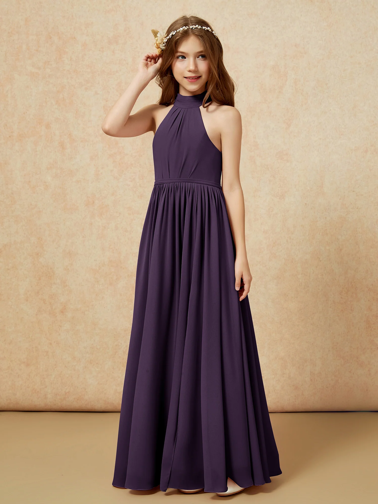 High Neck Long Junior Bridesmaid Dress With Slit Plum - Image 6