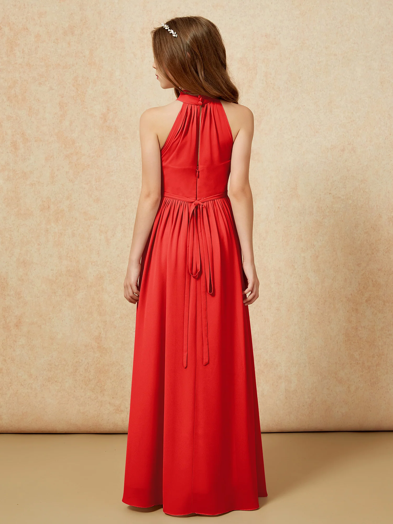 High Neck Long Junior Bridesmaid Dress With Slit Red - Image 2
