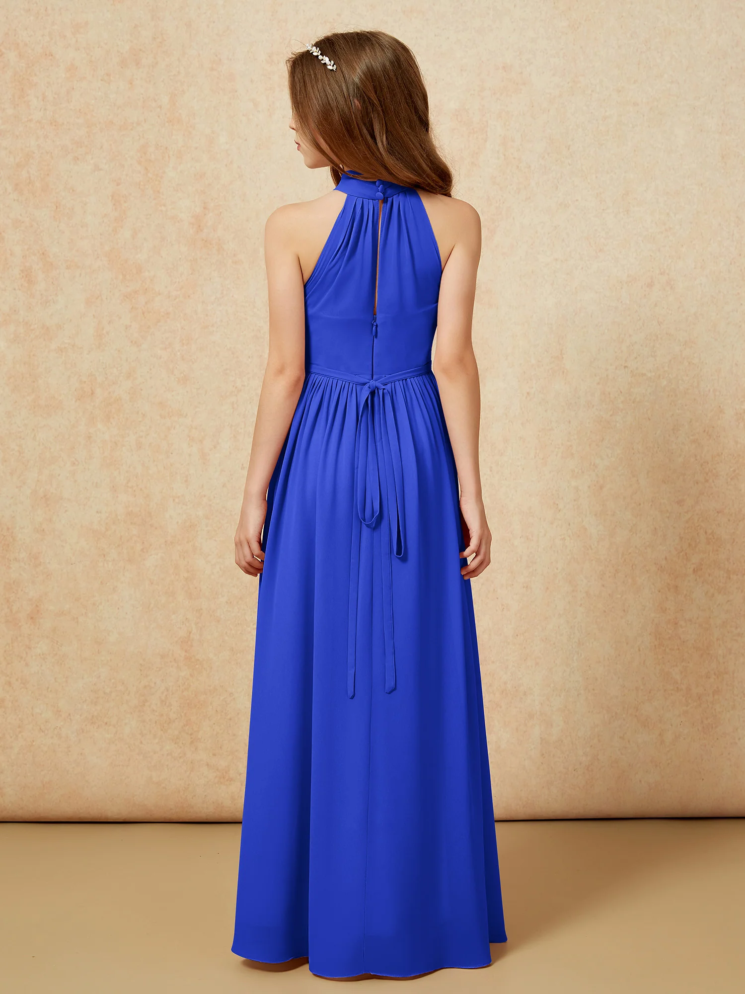 High Neck Long Junior Bridesmaid Dress With Slit Royal Blue - Image 2