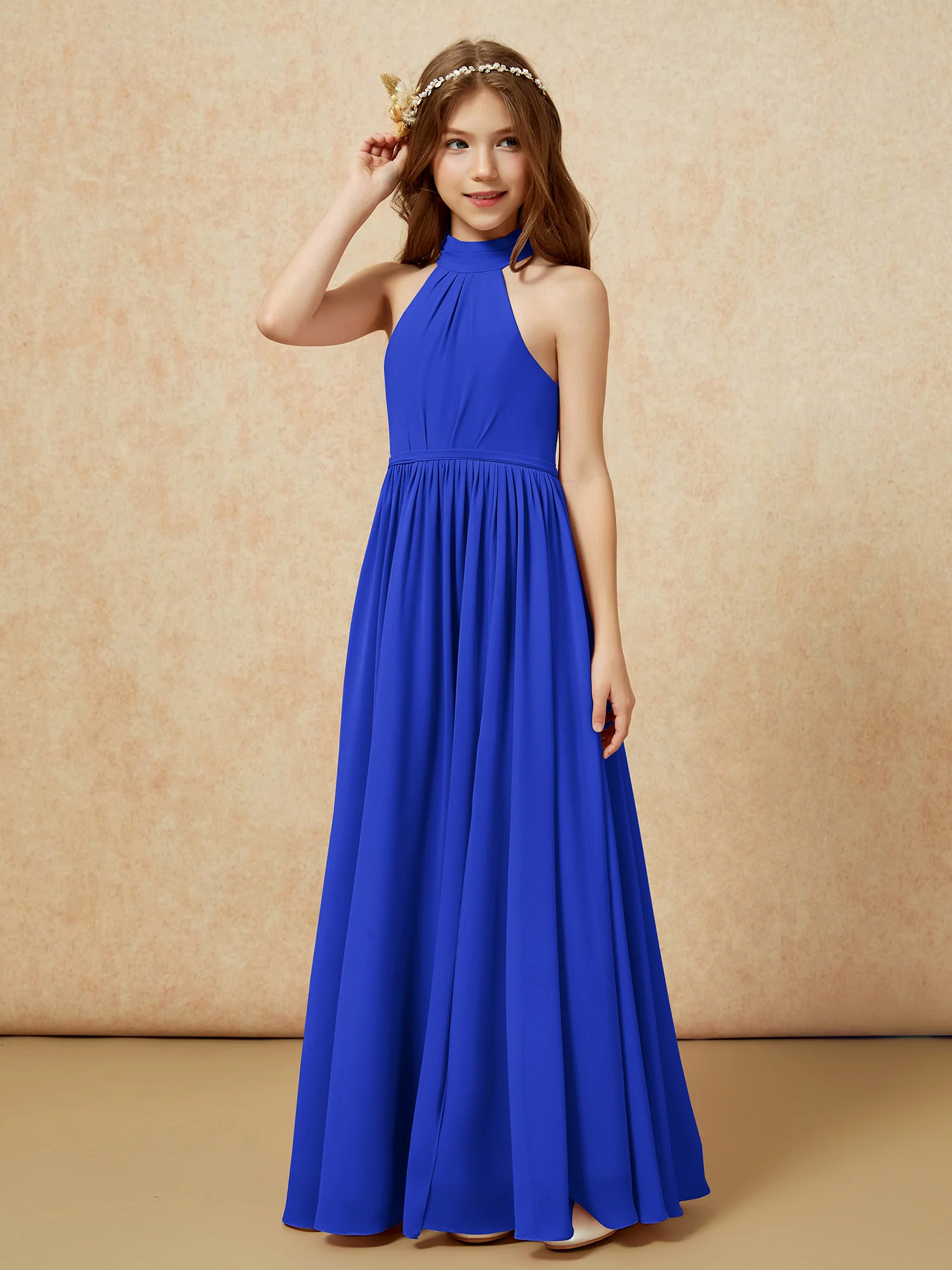 High Neck Long Junior Bridesmaid Dress With Slit Royal Blue - Image 6
