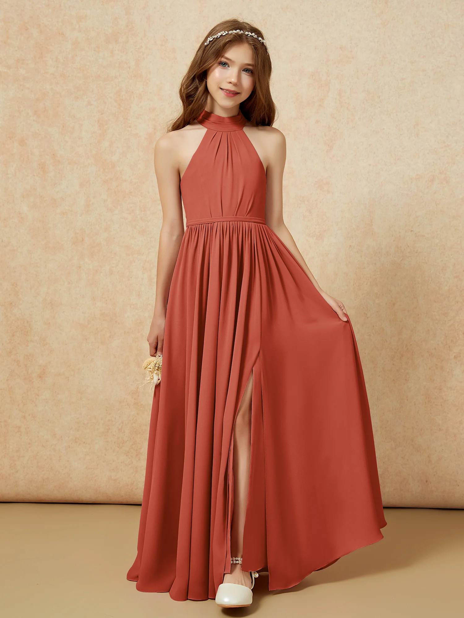 High Neck Long Junior Bridesmaid Dress With Slit Rust