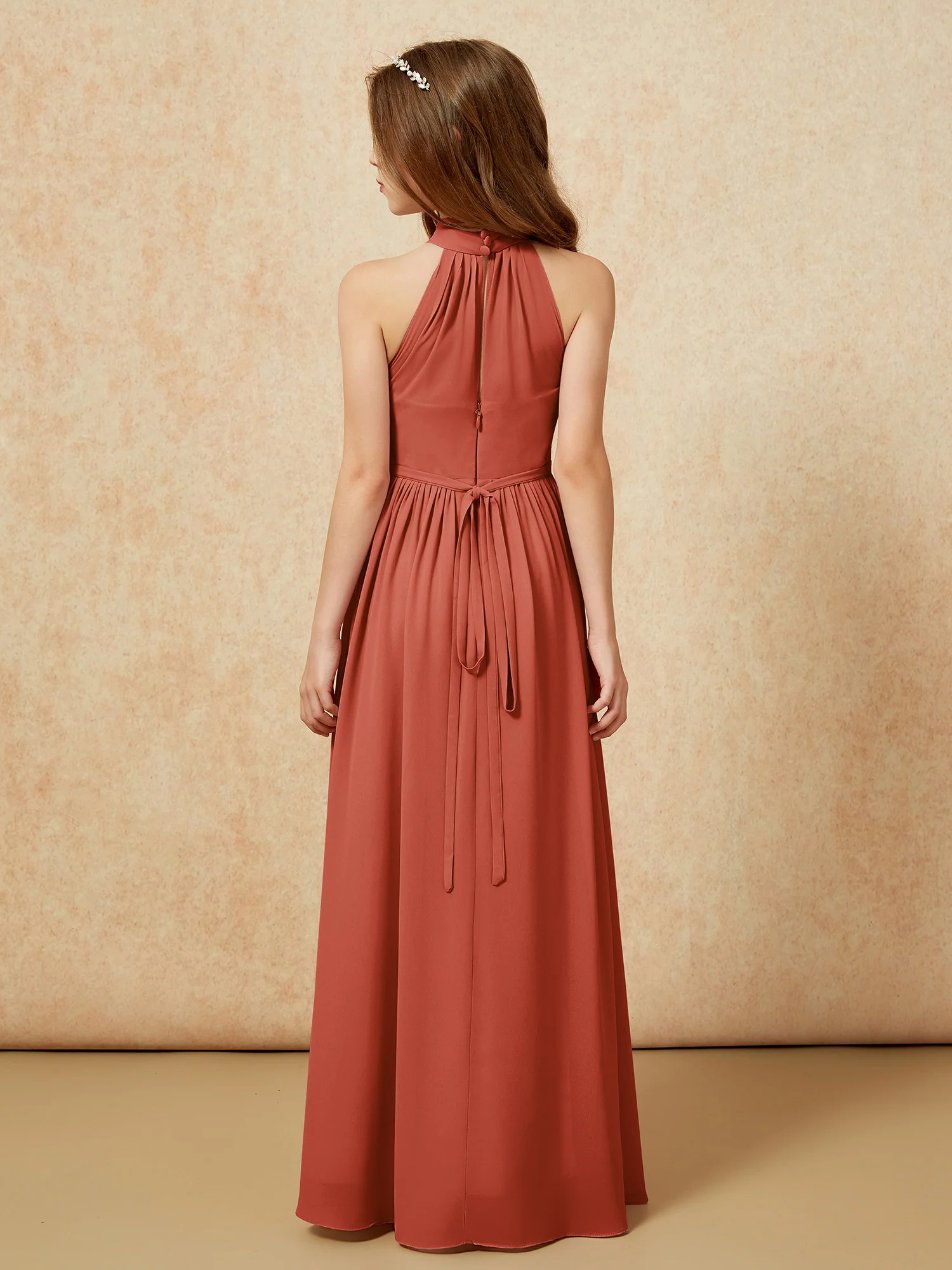 High Neck Long Junior Bridesmaid Dress With Slit Rust - Image 2