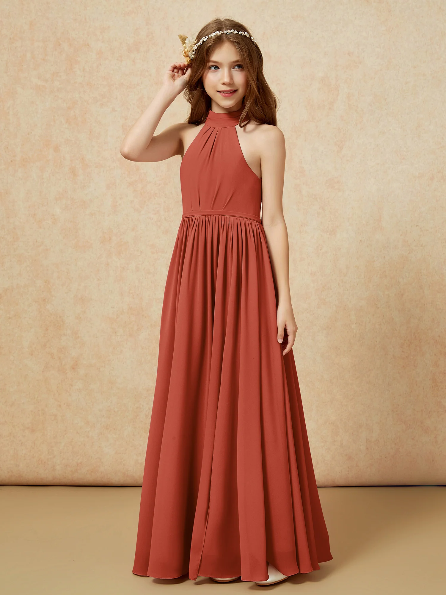 High Neck Long Junior Bridesmaid Dress With Slit Rust - Image 6