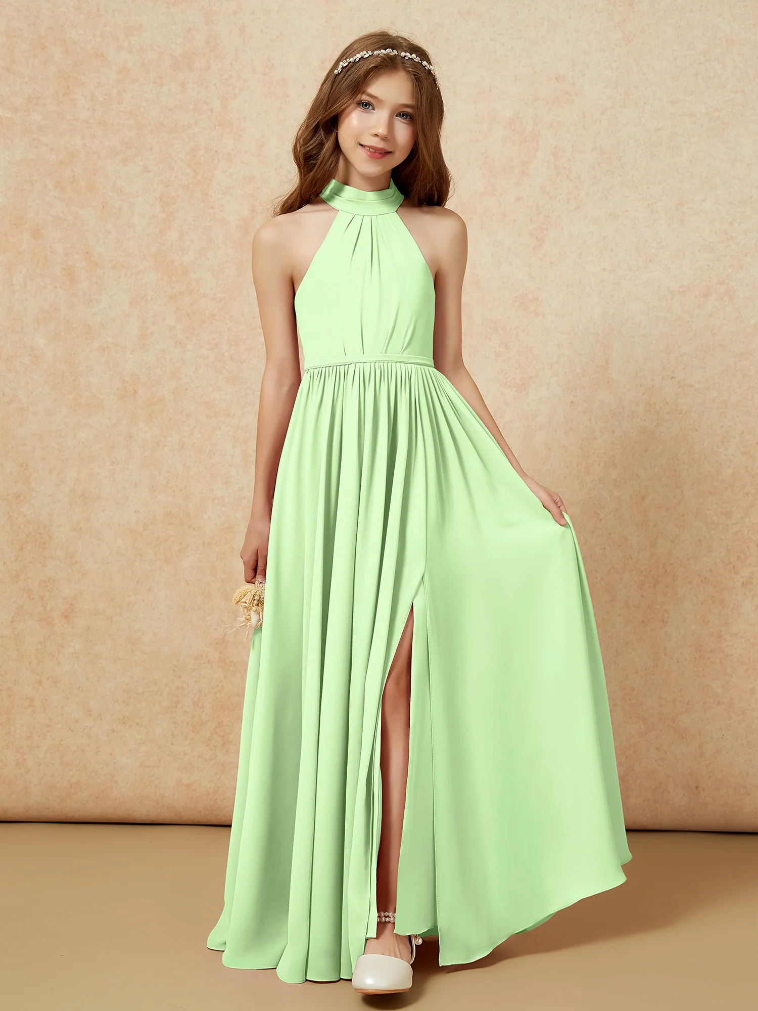 High Neck Long Junior Bridesmaid Dress With Slit Sage