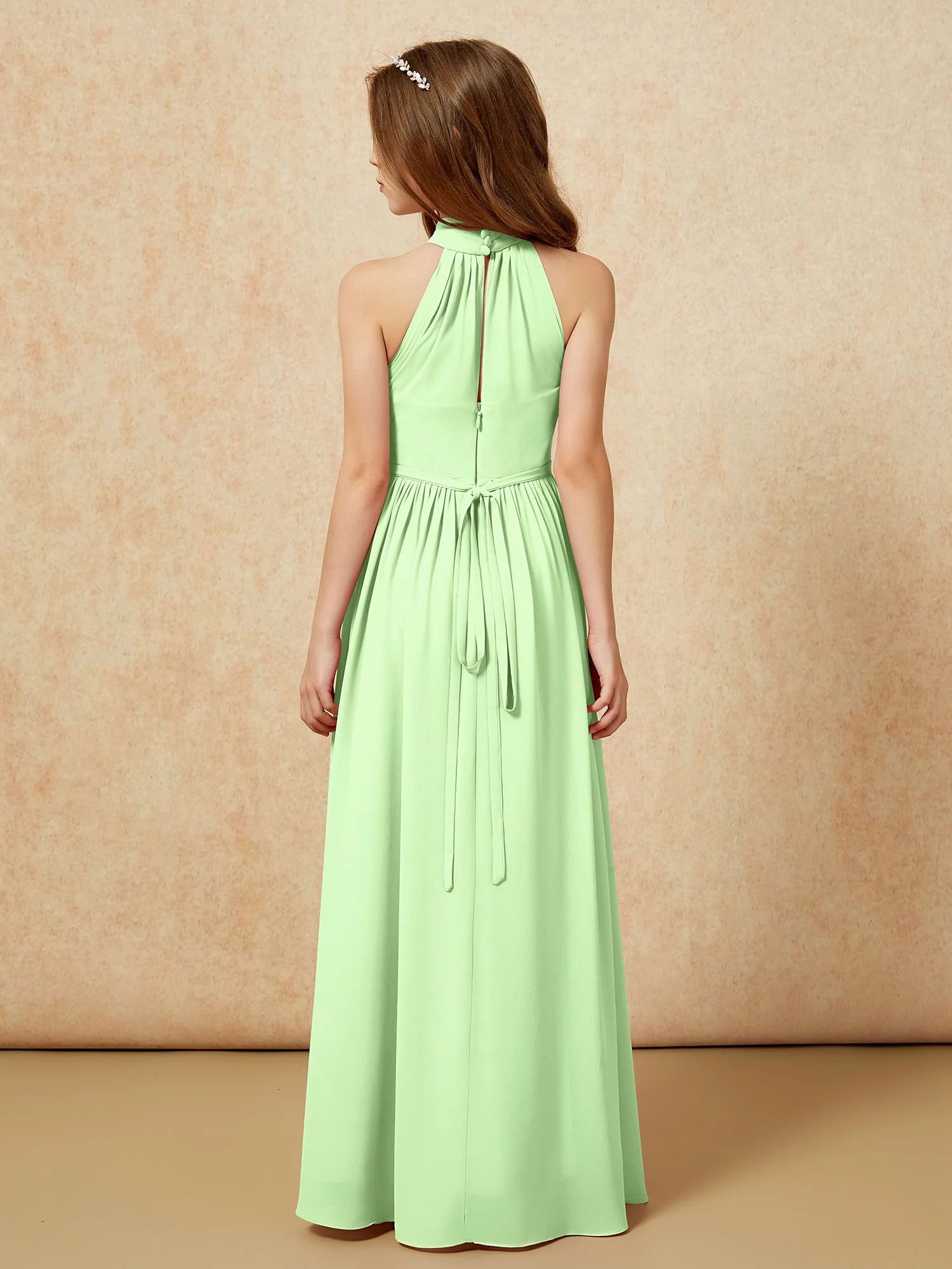 High Neck Long Junior Bridesmaid Dress With Slit Sage - Image 2
