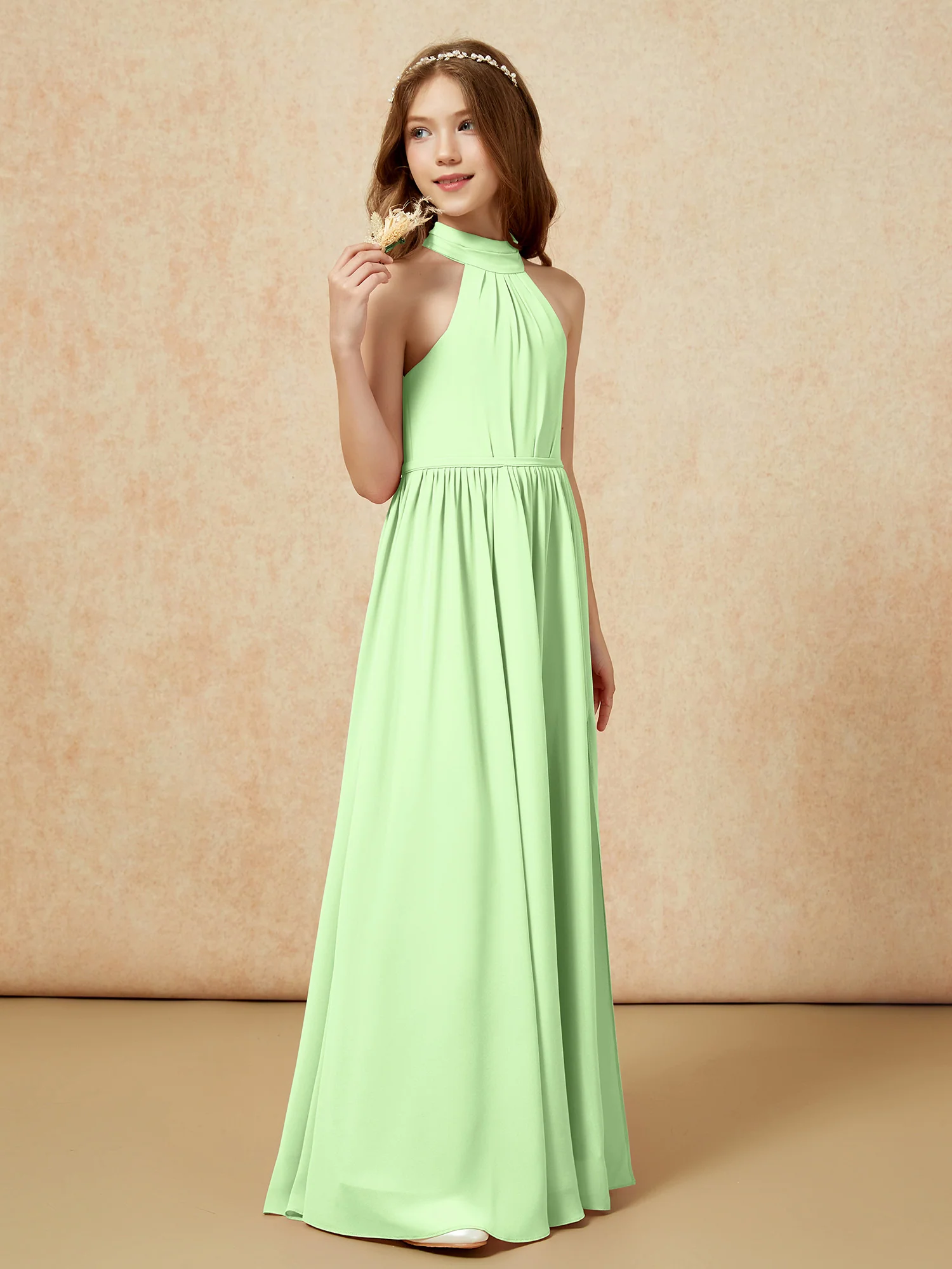 High Neck Long Junior Bridesmaid Dress With Slit Sage - Image 5