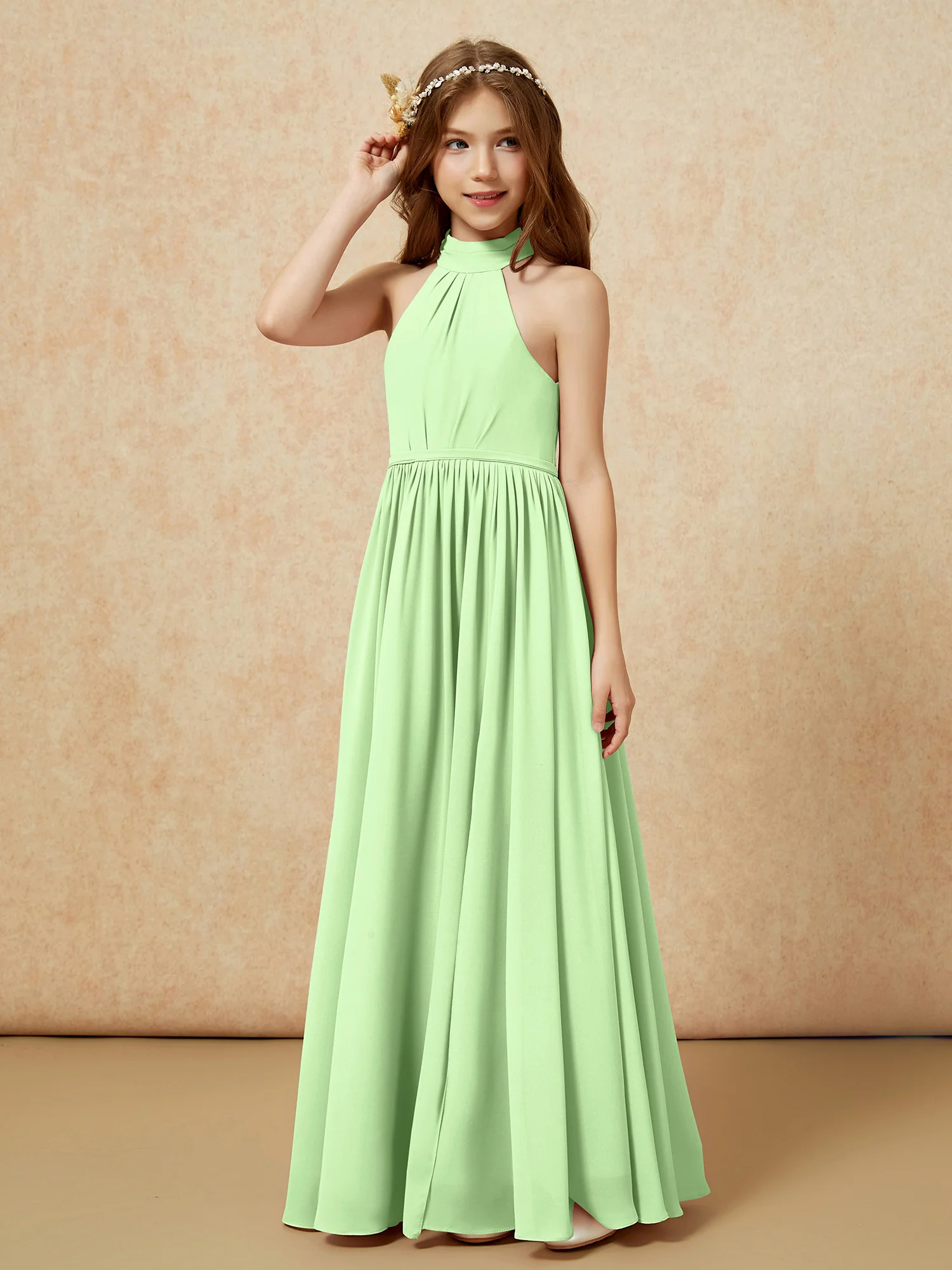 High Neck Long Junior Bridesmaid Dress With Slit Sage - Image 6