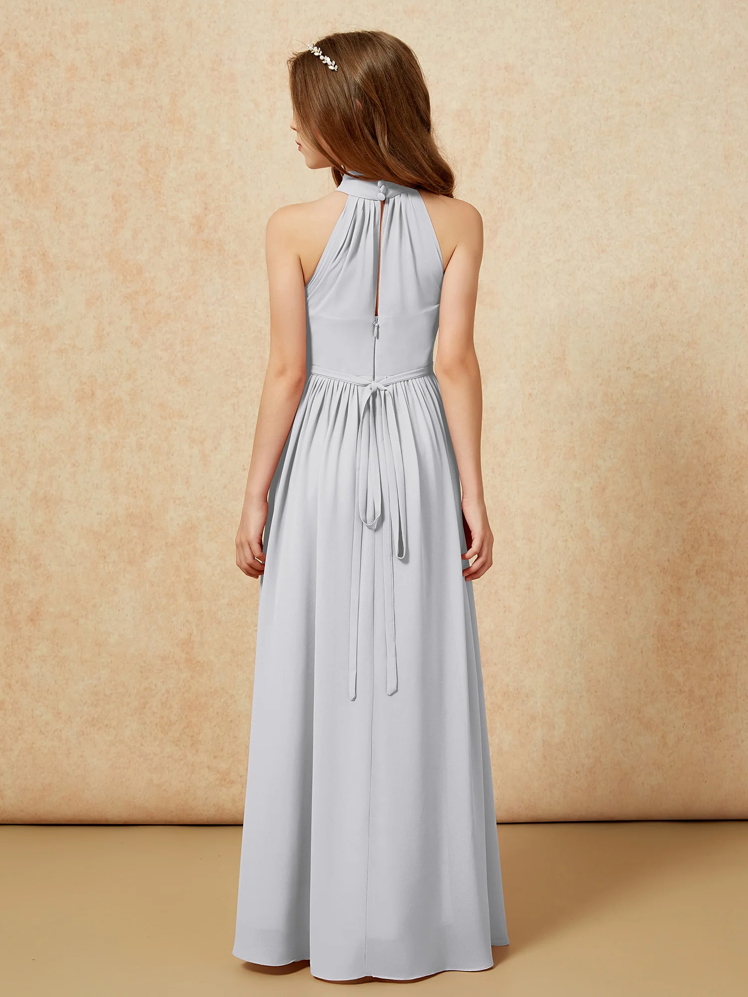 High Neck Long Junior Bridesmaid Dress With Slit Silver - Image 2