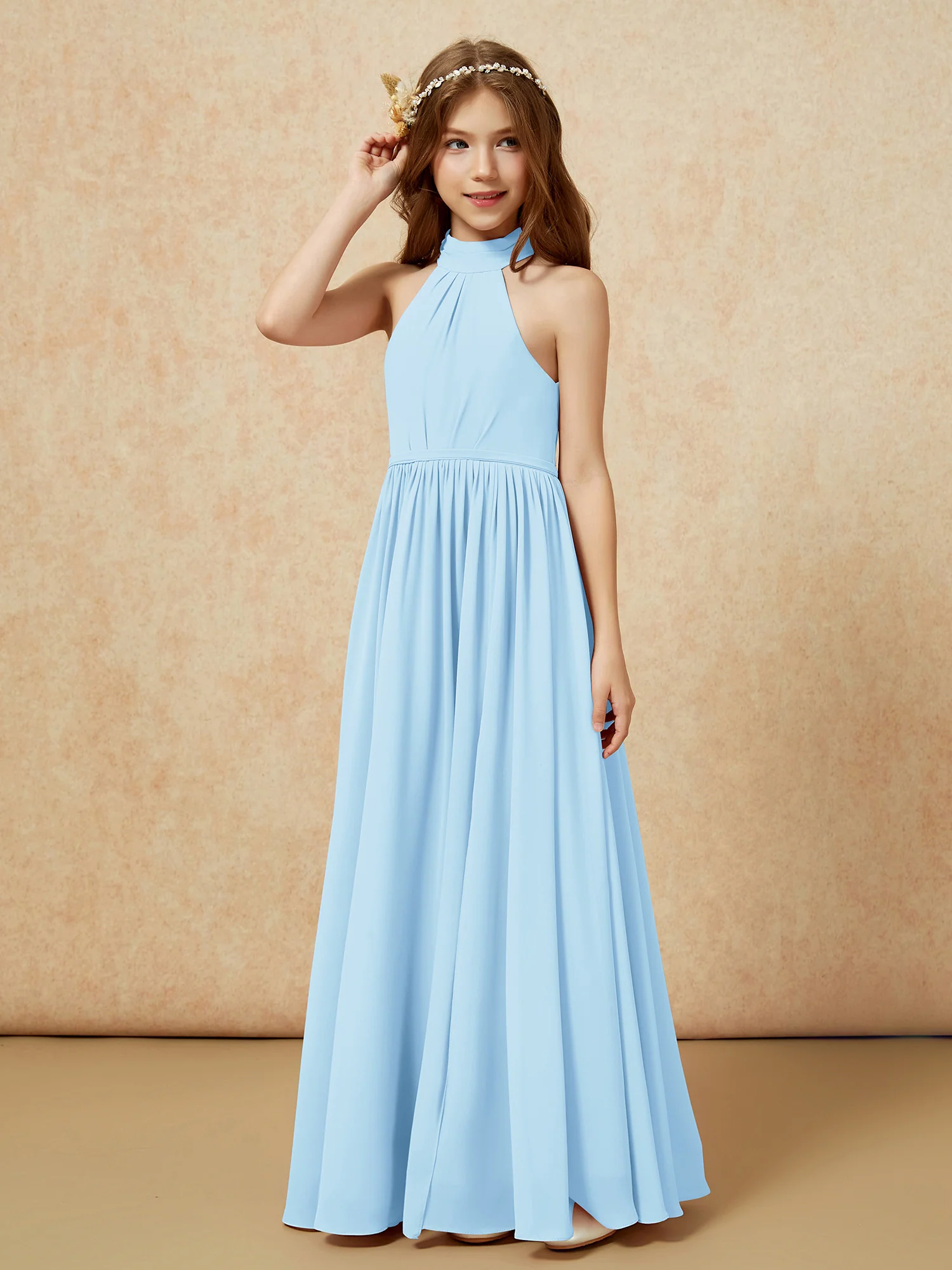 High Neck Long Junior Bridesmaid Dress With Slit Sky Blue - Image 6