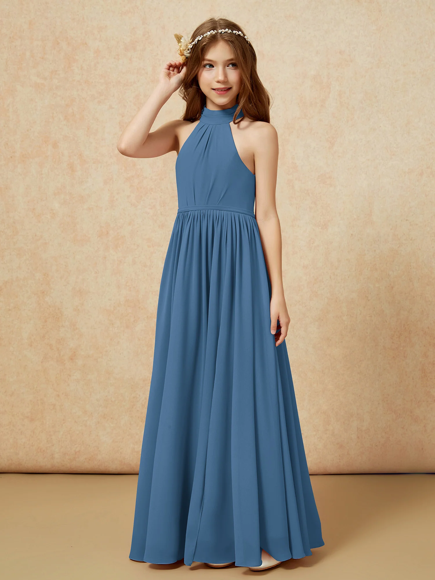 High Neck Long Junior Bridesmaid Dress With Slit Slate Blue - Image 6