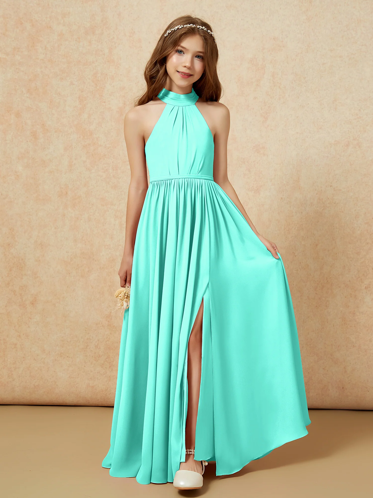 High Neck Long Junior Bridesmaid Dress With Slit Spa
