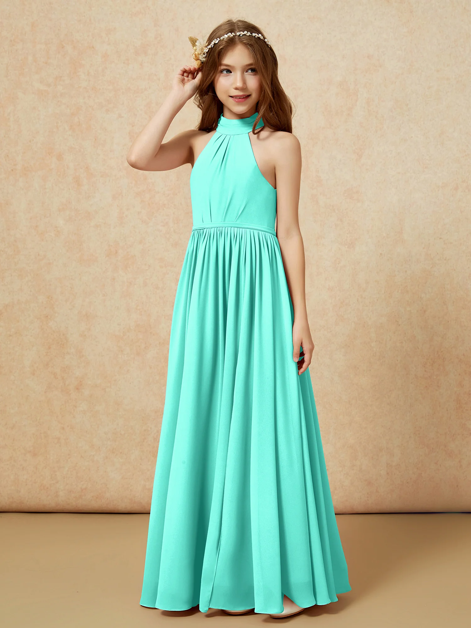 High Neck Long Junior Bridesmaid Dress With Slit Spa - Image 6