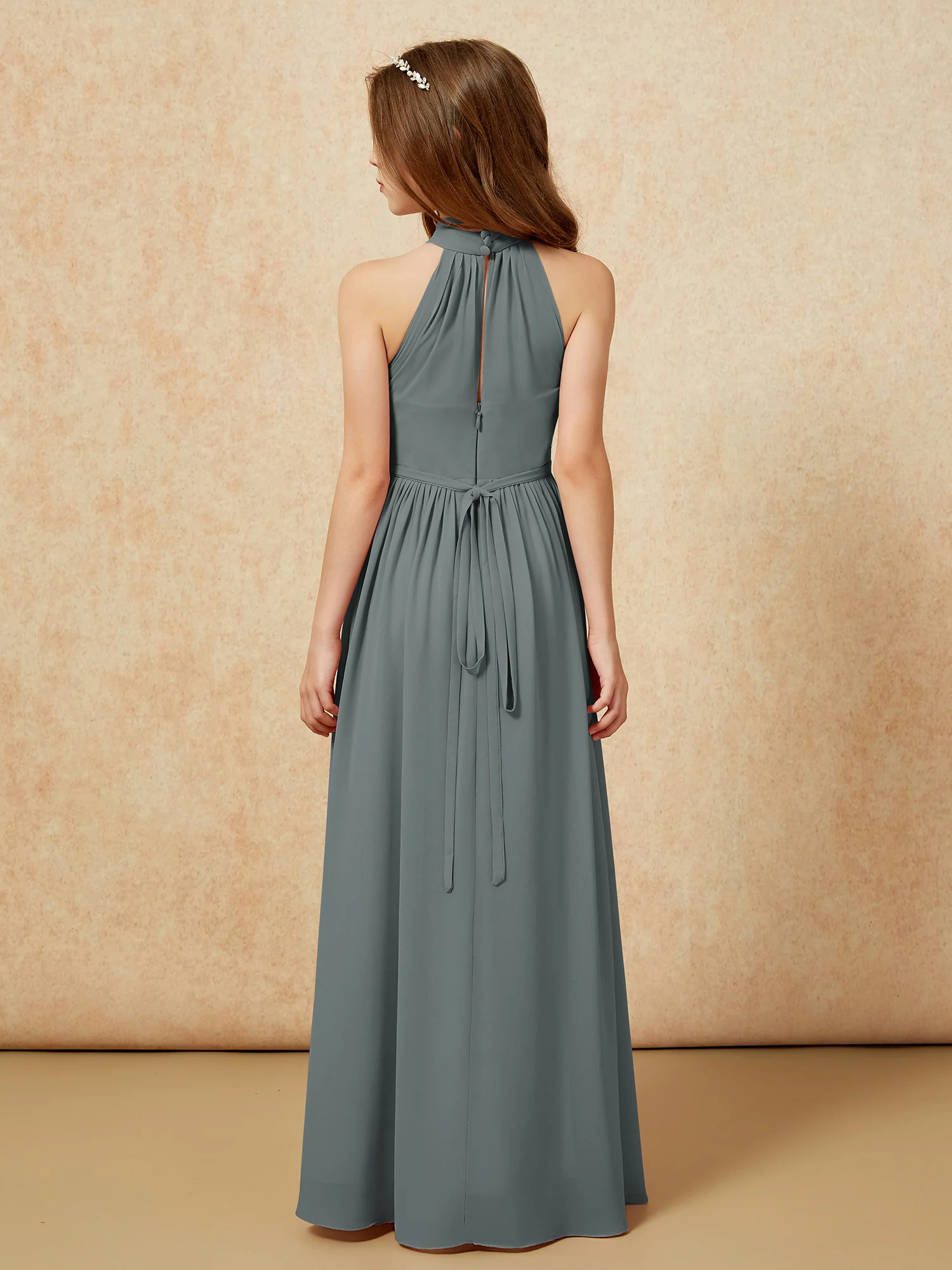 High Neck Long Junior Bridesmaid Dress With Slit Steel Grey - Image 2