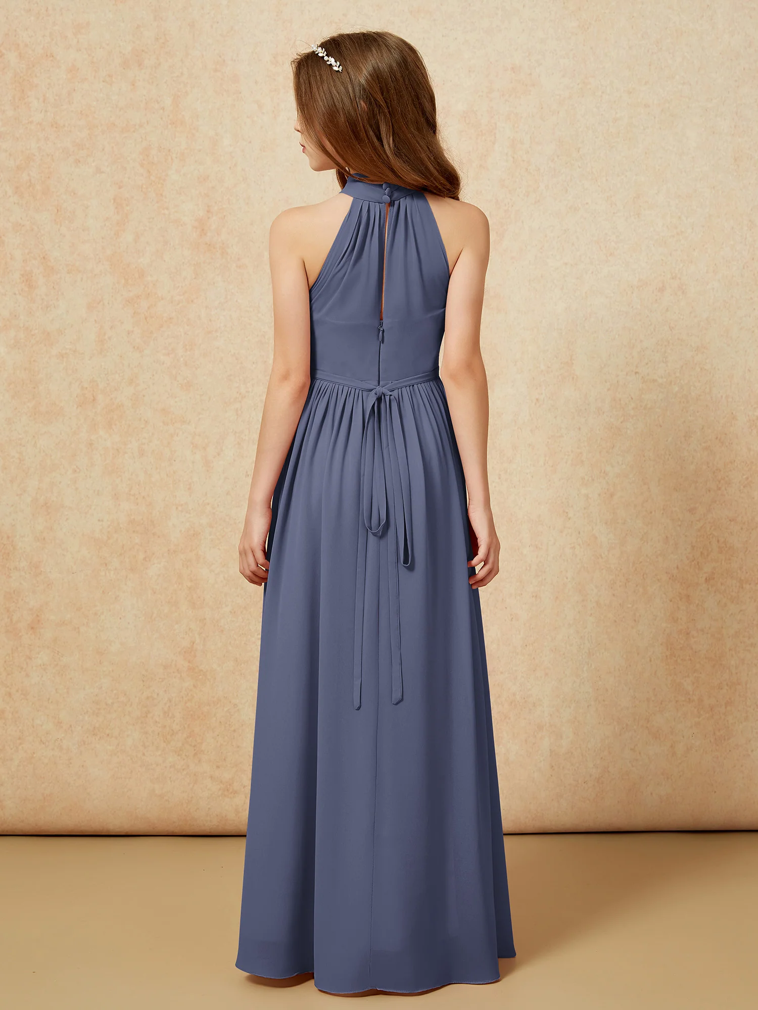 High Neck Long Junior Bridesmaid Dress With Slit Stormy - Image 2