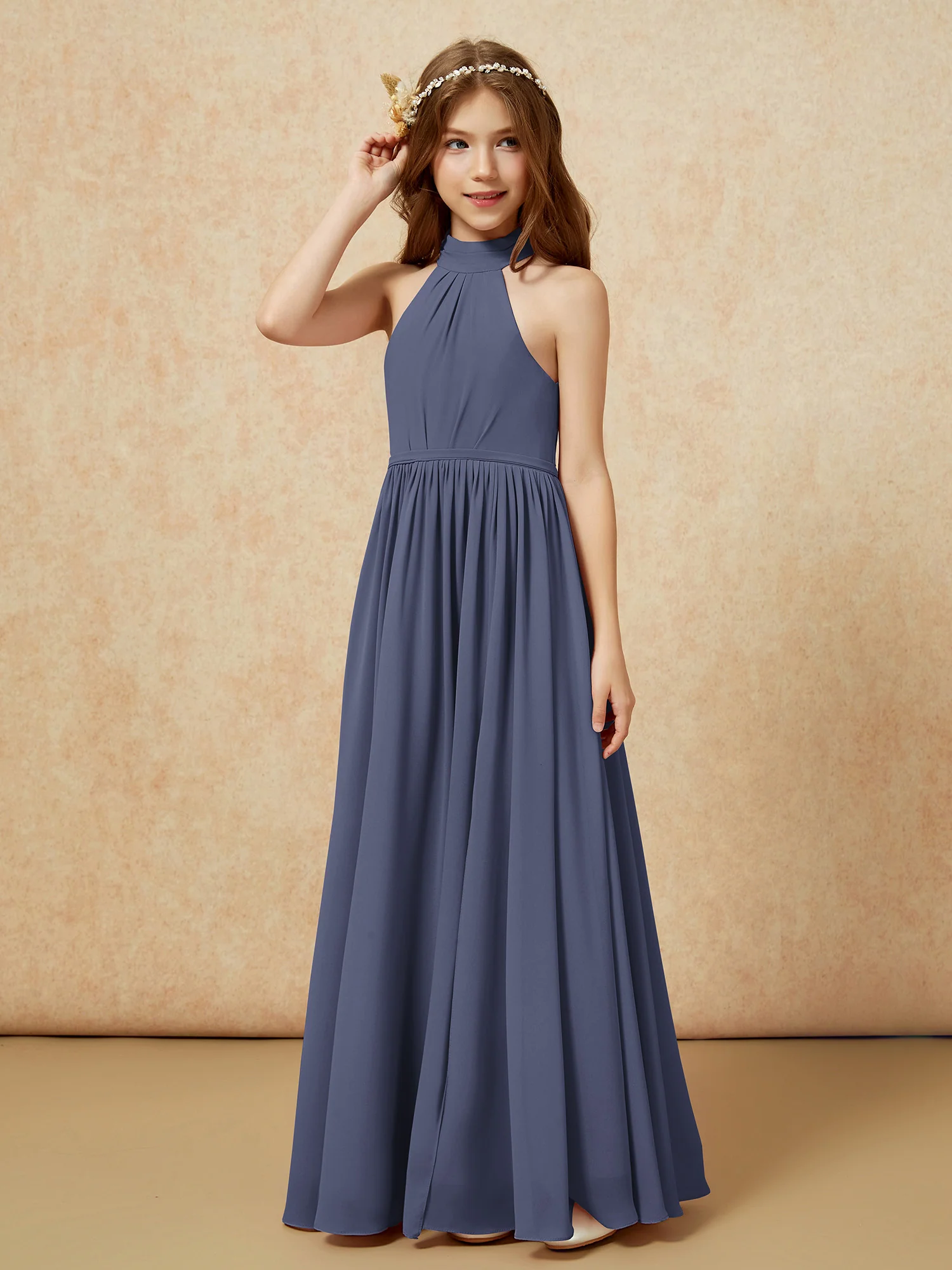 High Neck Long Junior Bridesmaid Dress With Slit Stormy - Image 6