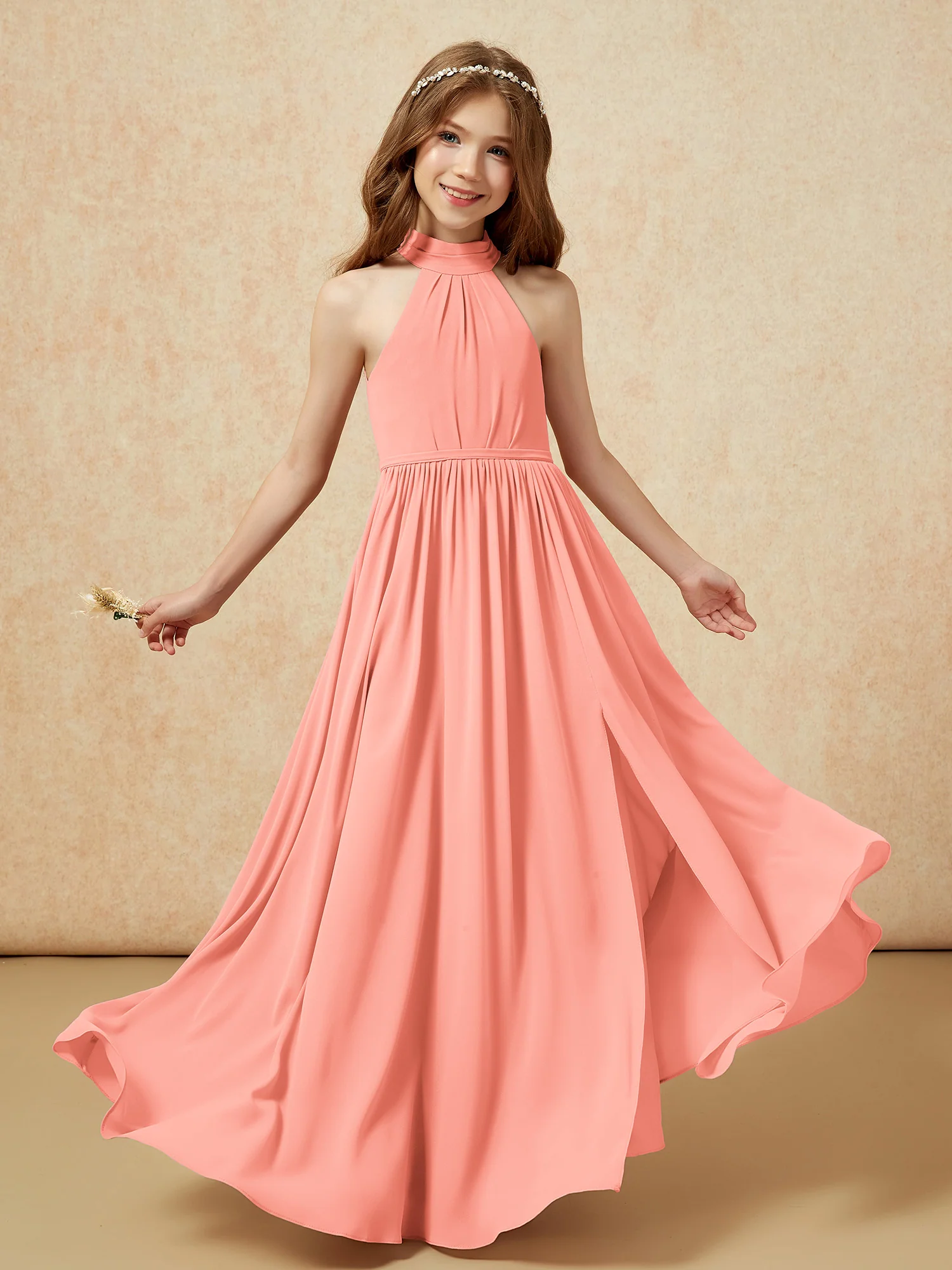 High Neck Long Junior Bridesmaid Dress With Slit Sunset - Image 4