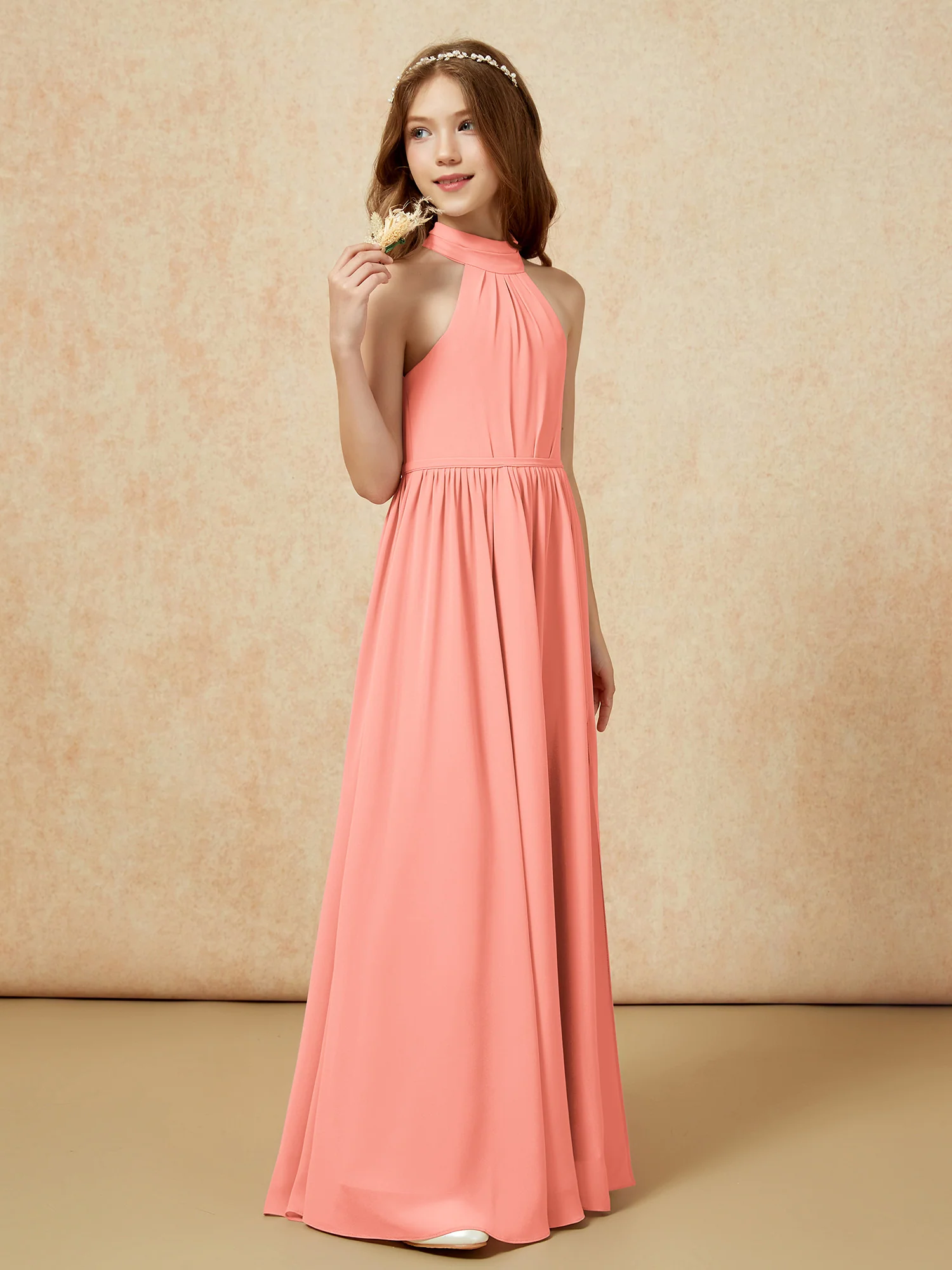 High Neck Long Junior Bridesmaid Dress With Slit Sunset - Image 5
