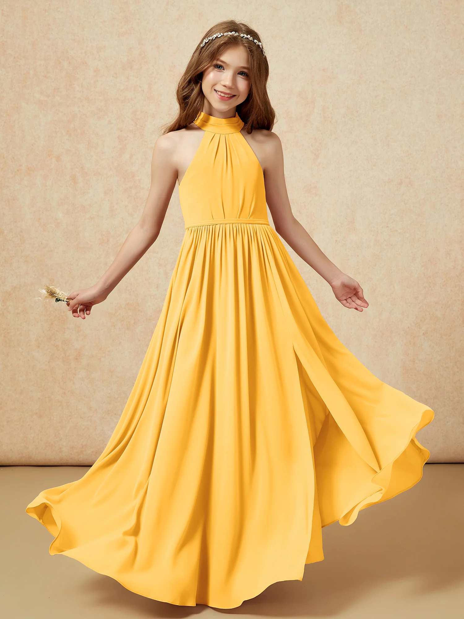 High Neck Long Junior Bridesmaid Dress With Slit Tangerine - Image 4