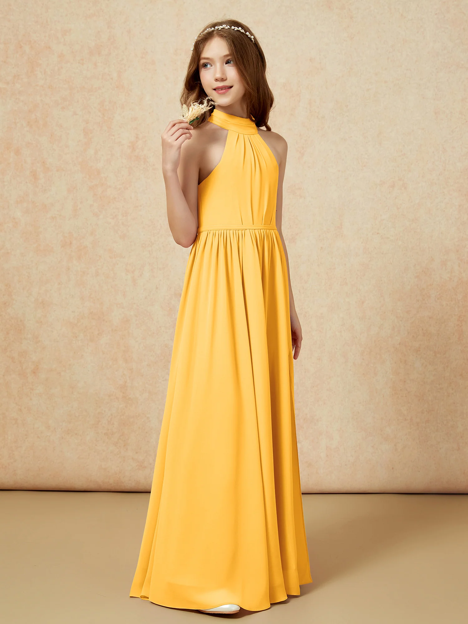 High Neck Long Junior Bridesmaid Dress With Slit Tangerine - Image 5