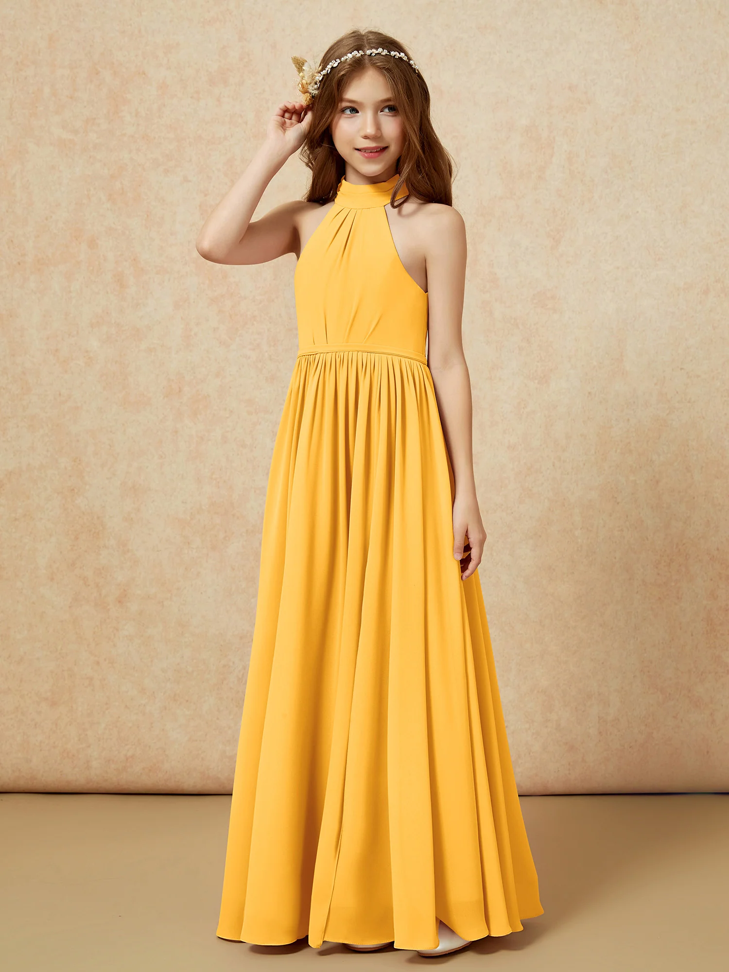 High Neck Long Junior Bridesmaid Dress With Slit Tangerine - Image 6