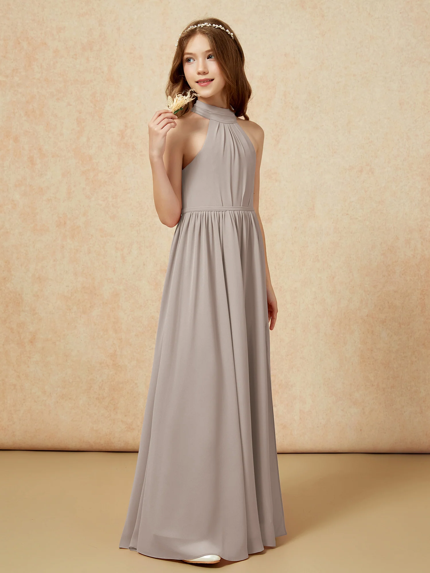 High Neck Long Junior Bridesmaid Dress With Slit Taupe - Image 5